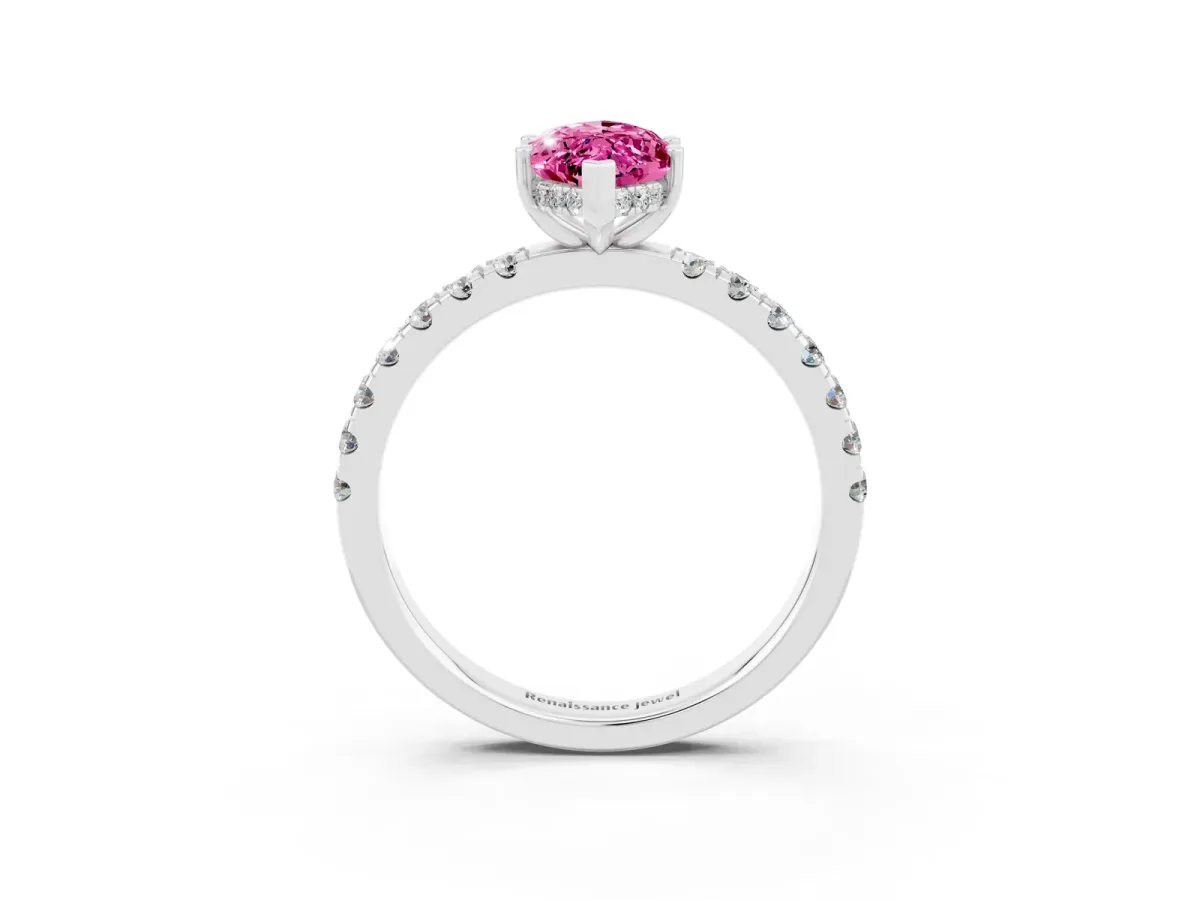 Marquise Cut Pink Sapphire Pave Band Solitaire Ring with Round and Prong Setting Platinum