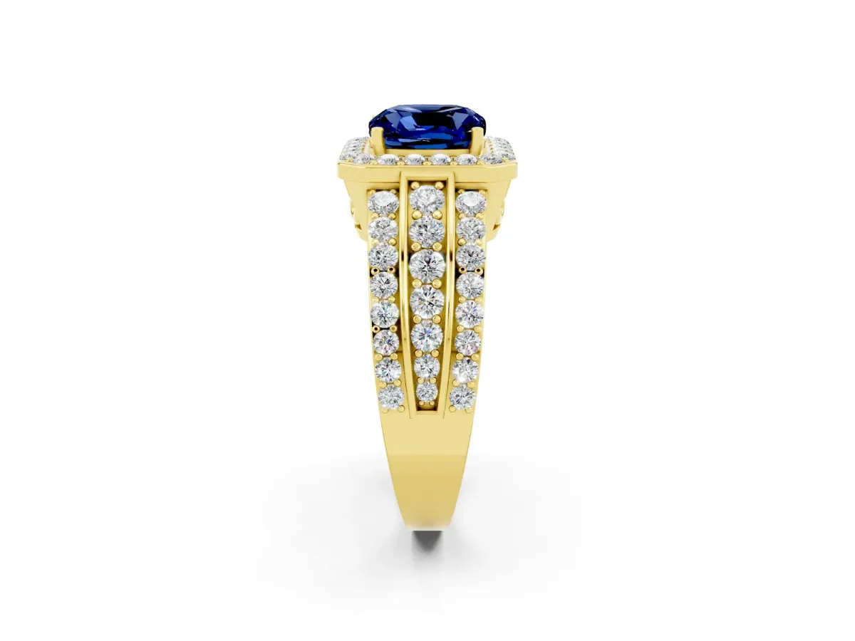 Cushion Cut Halo Blue Sapphire Ring with Round Split Shank and Prong Setting Yellow gold