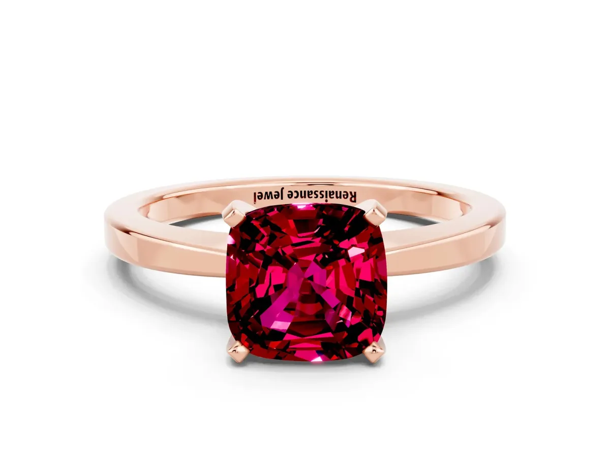 Cushion Cut Garnet Solitaire Engagement Ring with Classic Band and Four-Prong Setting Rose gold