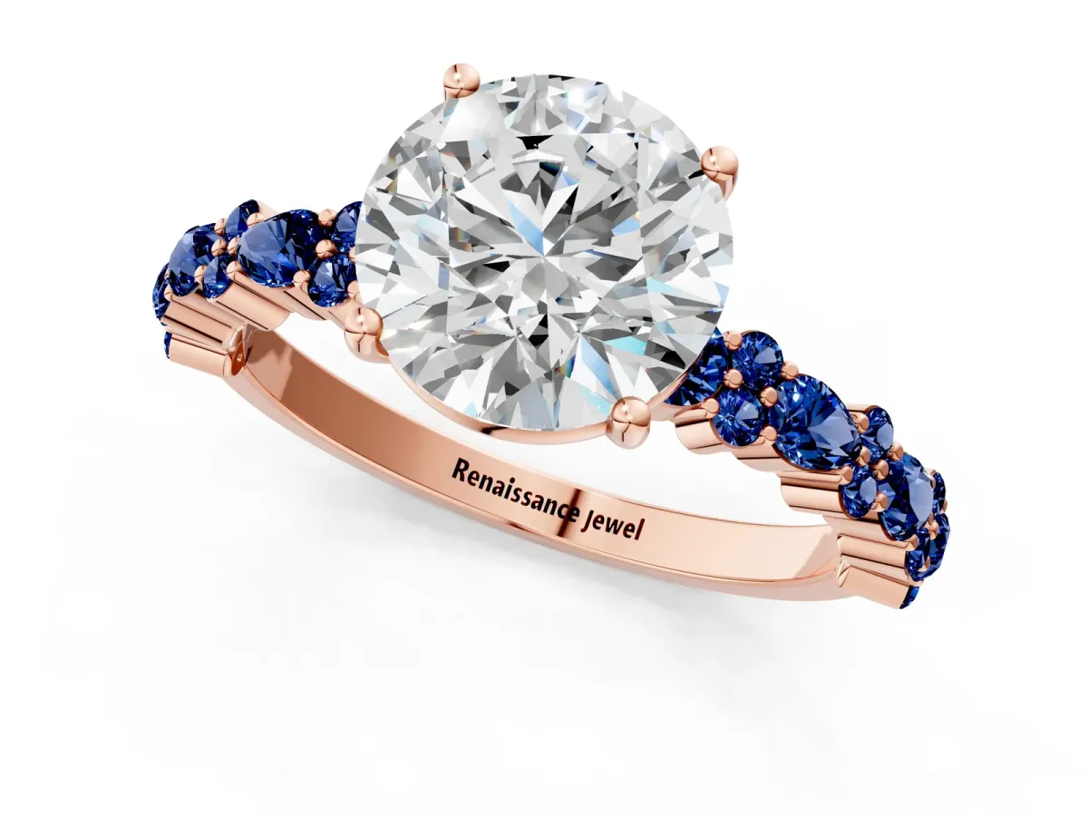Round Cut Diamond Side Stone Solitaire Ring with Round Blue Sapphire and Four-Prong Setting Rose gold
