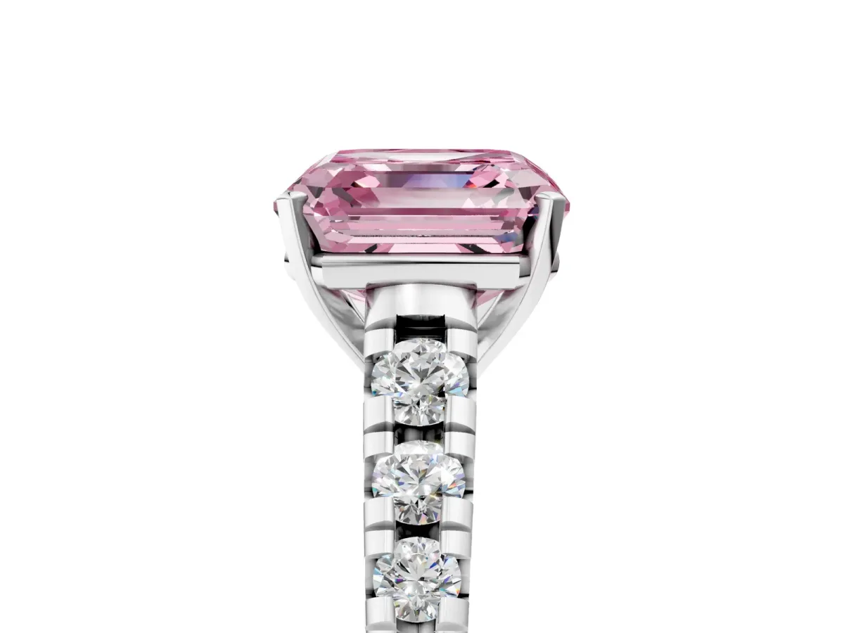 Fancy Pink Asscher Cut Diamond Cathedral Solitaire Ring with Round Pavé Band White gold