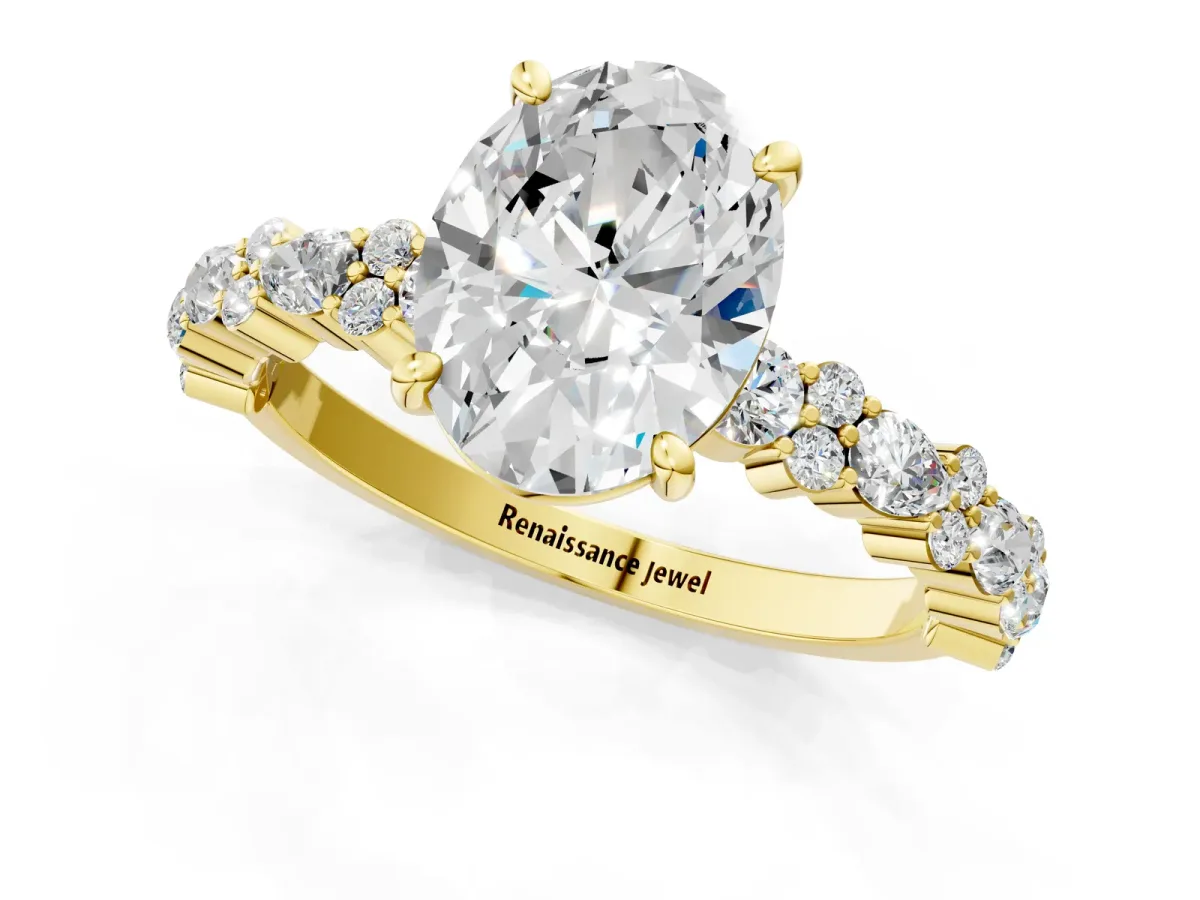 Oval Cut Diamond Side Stone Solitaire Ring with Round Moissanite and Four-Prong Setting Yellow gold