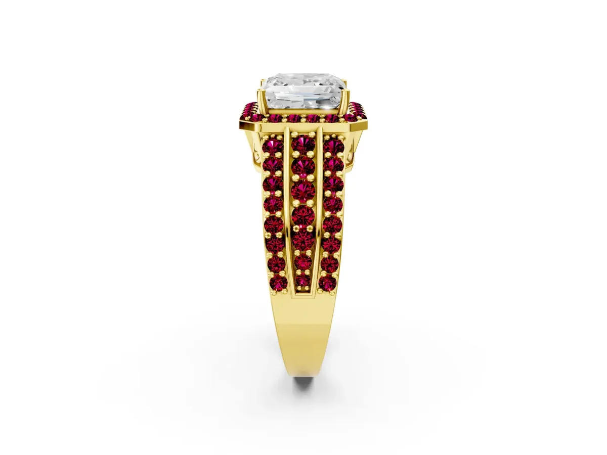 Princess Cut Halo Diamond Ring with Round Garnet Split Shank and Prong Setting Yellow gold