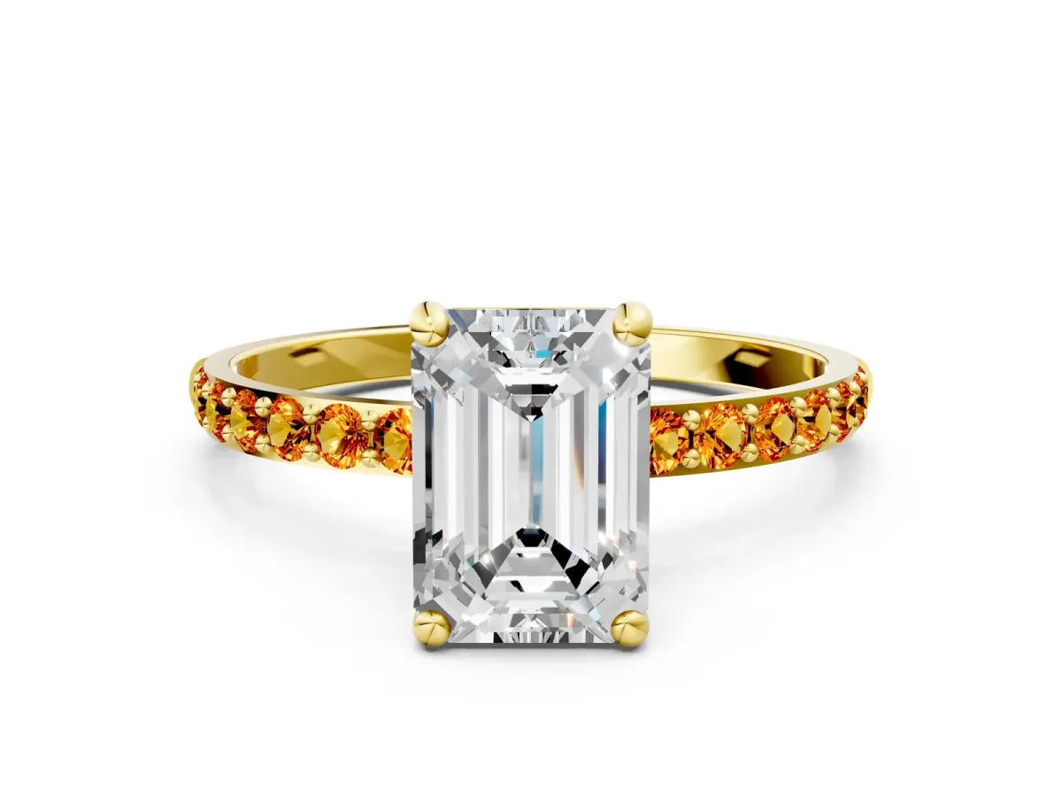 Emerald Cut Diamond Solitaire Ring with Round Citrine Pavé Band and Prong Setting Yellow gold