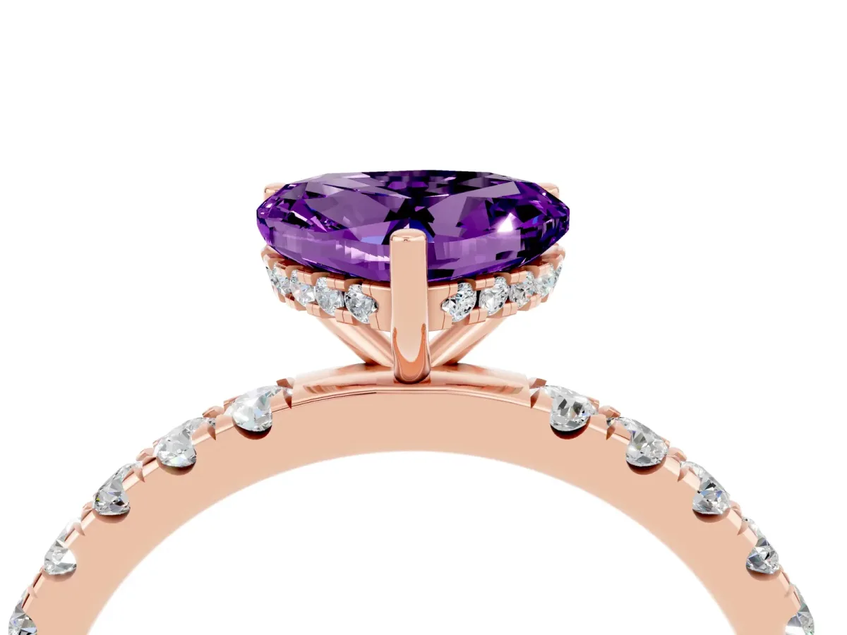 Heart Cut Amethyst Pave Band Solitaire Ring with Round and Prong Setting Rose gold