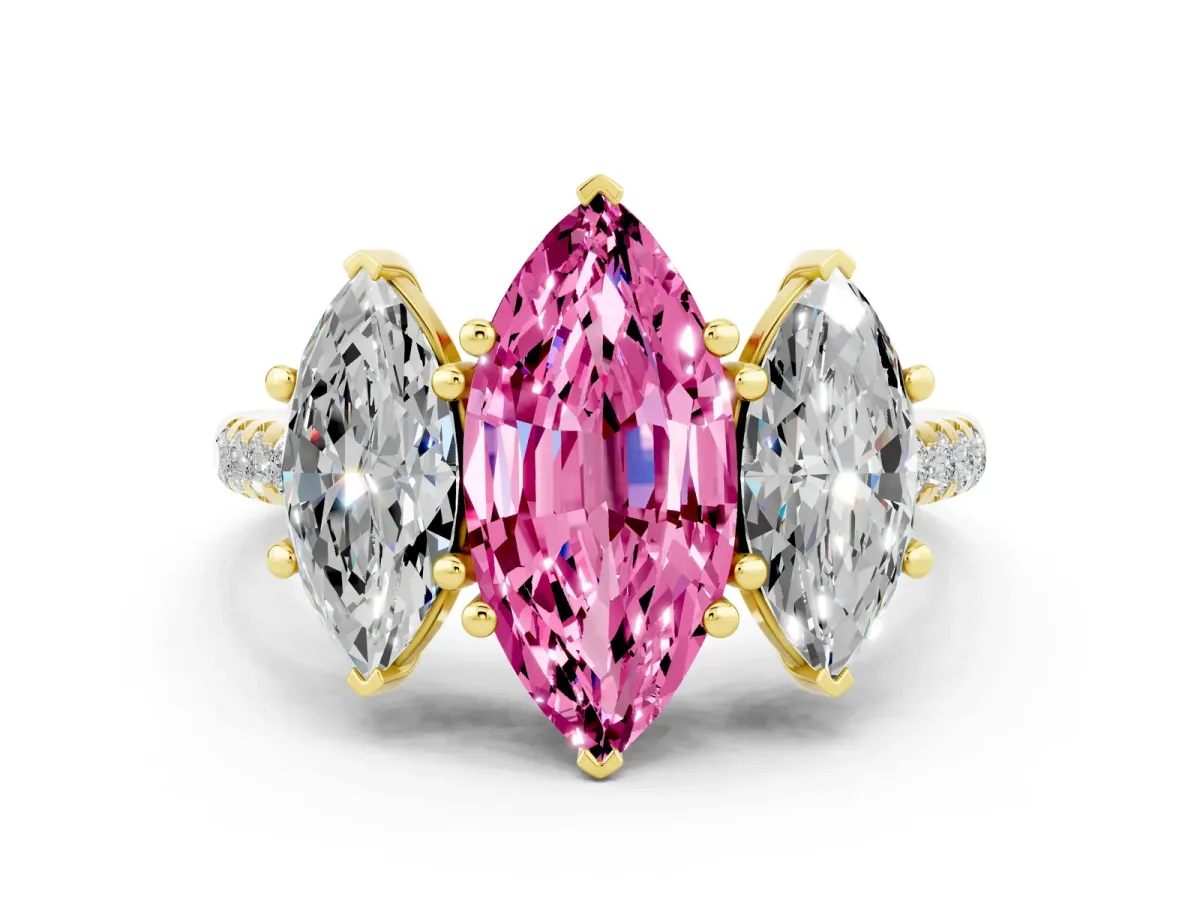 Three-Stone Marquise Cut Pink Sapphire Ring with Round Pavé Band and Prong Setting Yellow gold