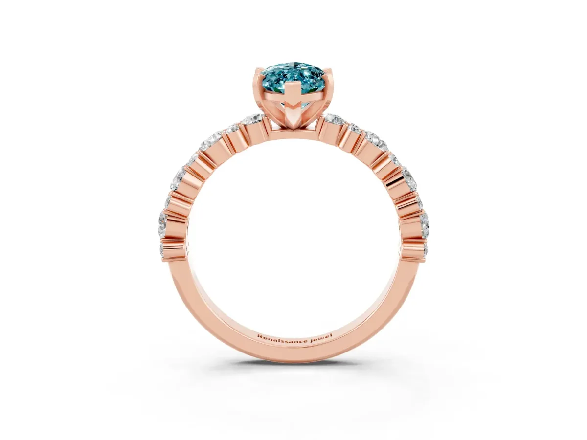 Marquise Cut Blue Topaz Side Stone Solitaire Ring with Round and Four-Prong Setting Rose gold