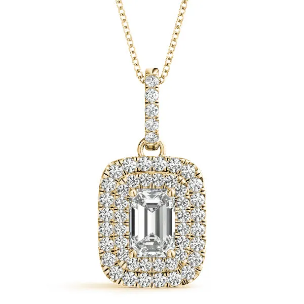 Emerald Cut Double Halo Diamond Pendant with Prong Setting Yellow gold