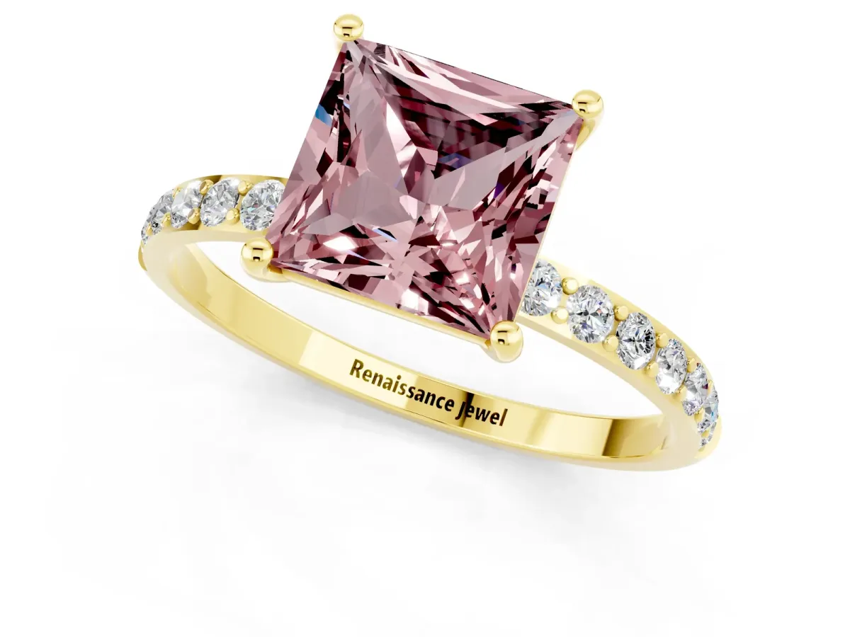 Princess Cut Morganite Solitaire Ring with Round Pavé Band and Prong Setting Yellow gold