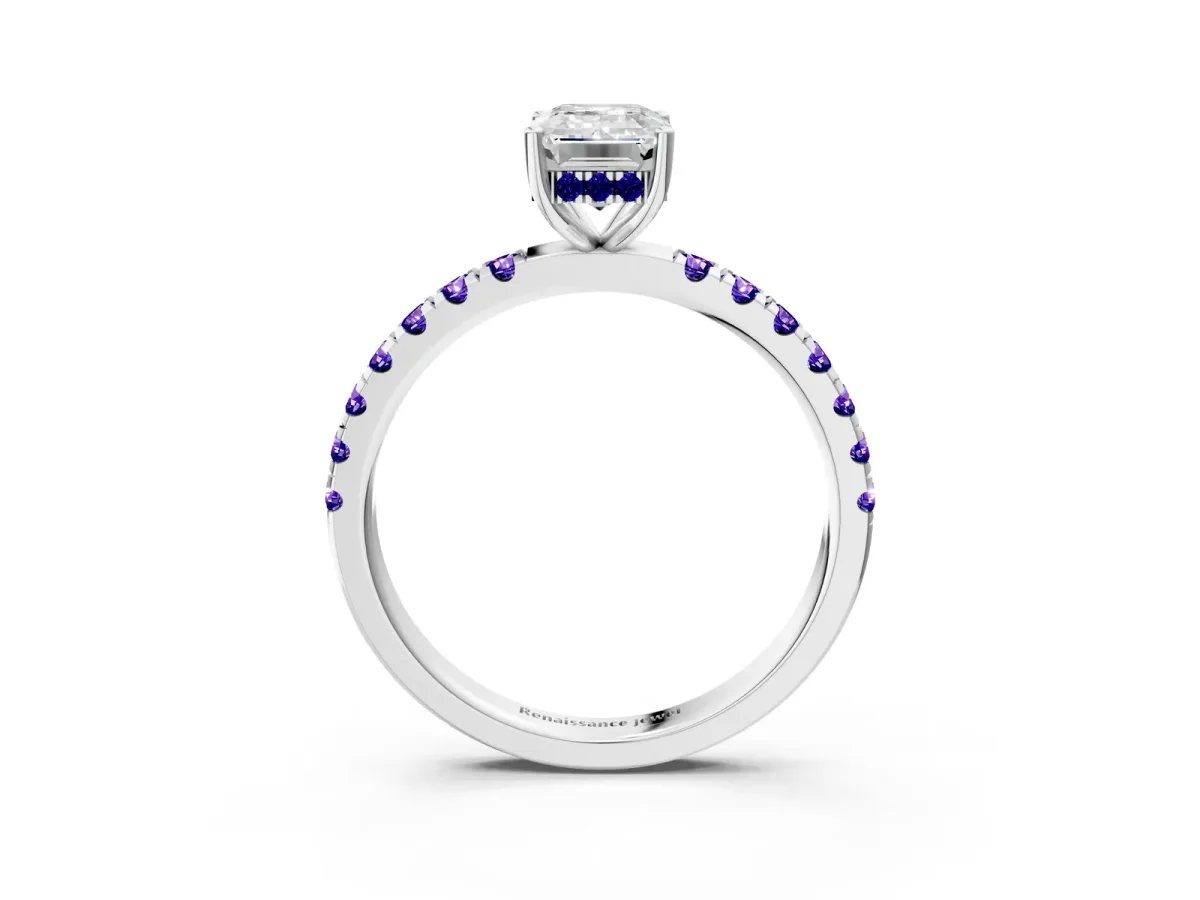 Emerald Cut Diamond Pave Band Solitaire Ring with Round Tanzanite and Prong Setting Platinum