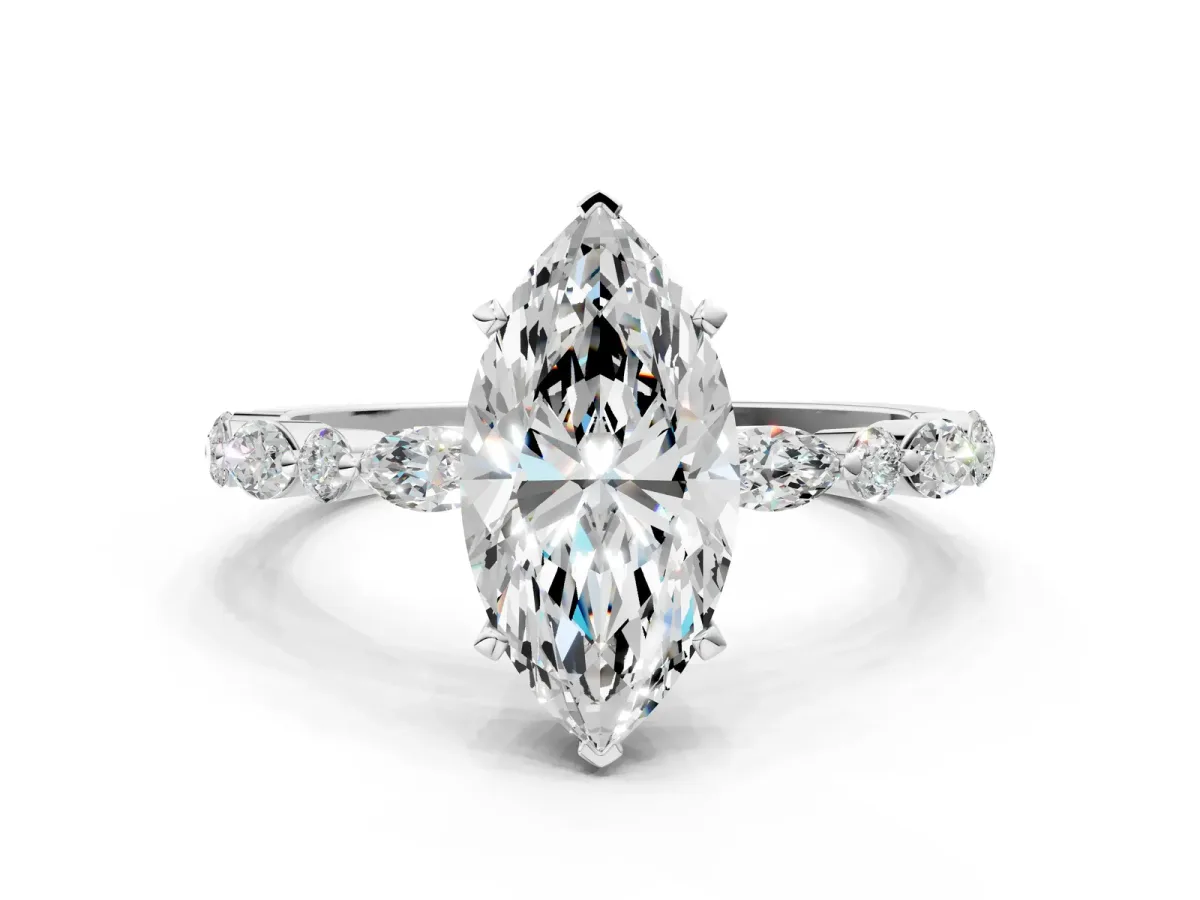 Marquise Cut Diamond Ring with Marquise and Round Moissanite Side Stones and Four-Prong Setting Silver