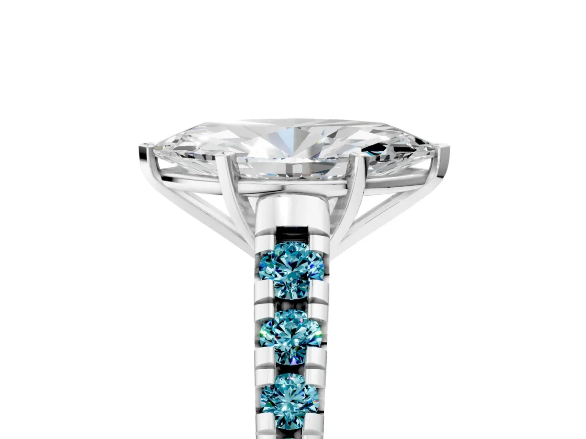 Marquise Cut Diamond Cathedral Solitaire Ring with Round Blue Topaz Pavé Band Silver