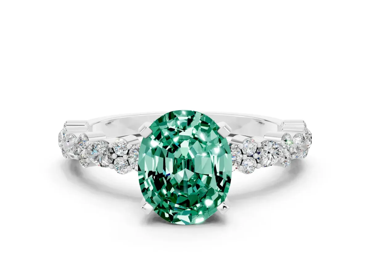 Oval Cut Green Sapphire Side Stone Solitaire Ring with Round and Four-Prong Setting White gold