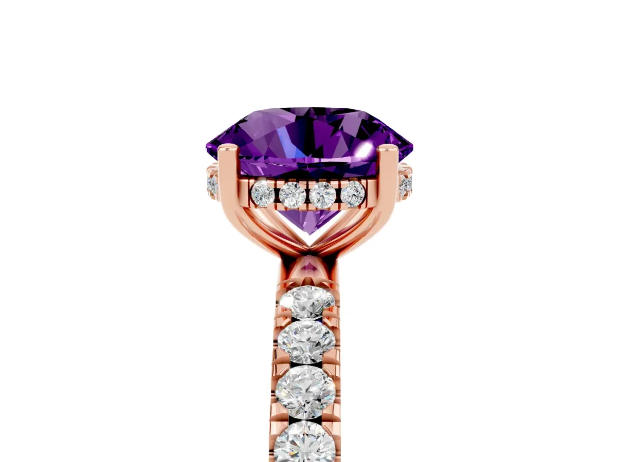 Round Cut Amethyst Pave Band Solitaire Ring with Round and Prong Setting Rose gold
