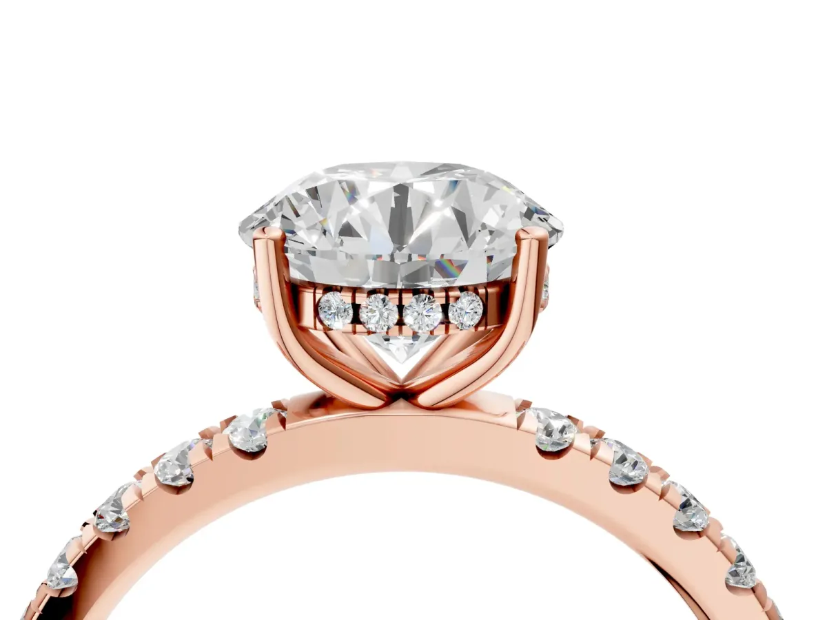 Round Cut Diamond Pave Band Solitaire Ring with Round and Prong Setting Rose gold