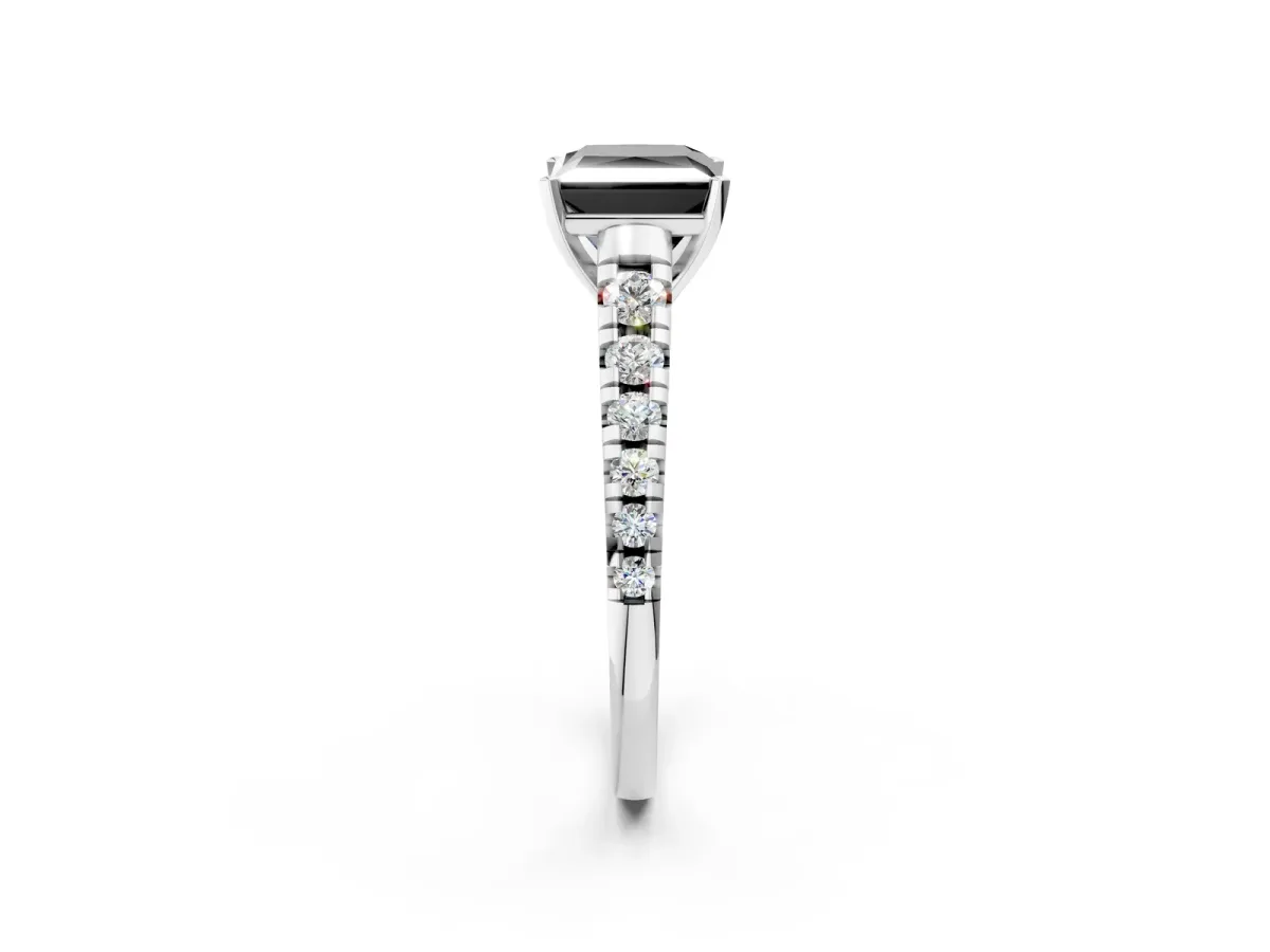 Fancy Black Princess Cut Diamond Cathedral Solitaire Ring with Round Pavé Band Silver