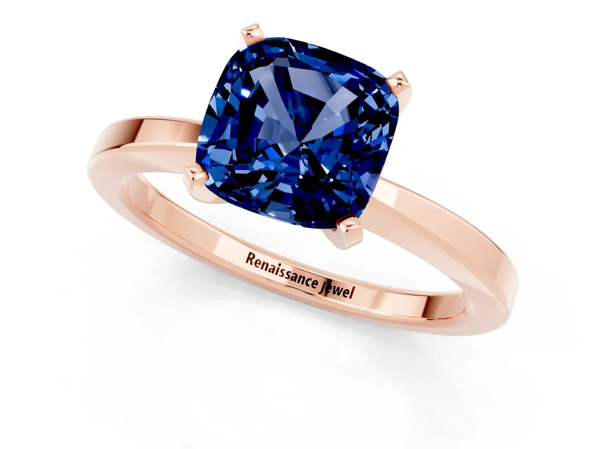 Cushion Cut Blue Sapphire Solitaire Engagement Ring with Classic Band and Four-Prong Setting Rose gold