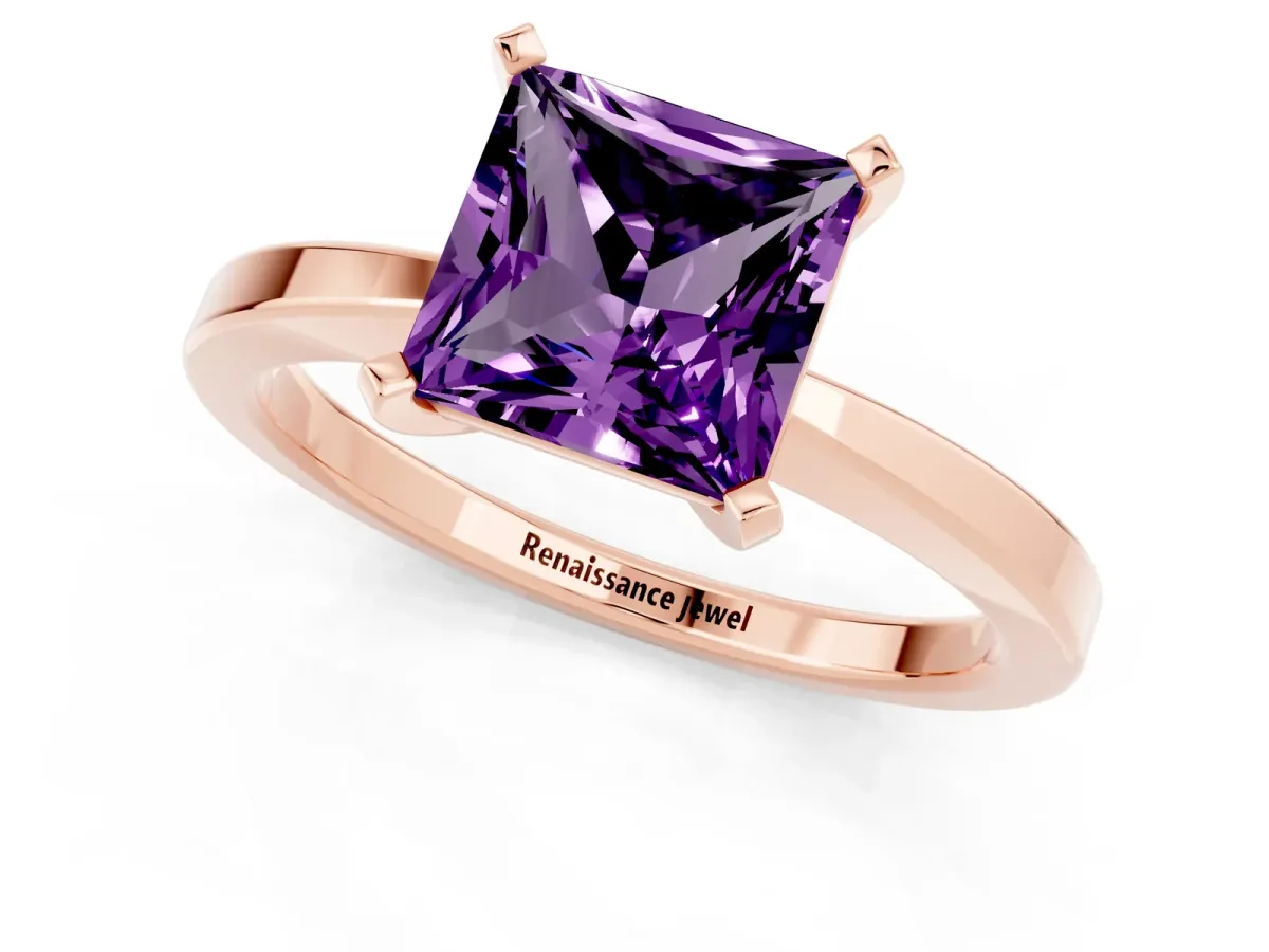 Princess Cut Amethyst Solitaire Engagement Ring with Classic Band and Four-Prong Setting Rose gold