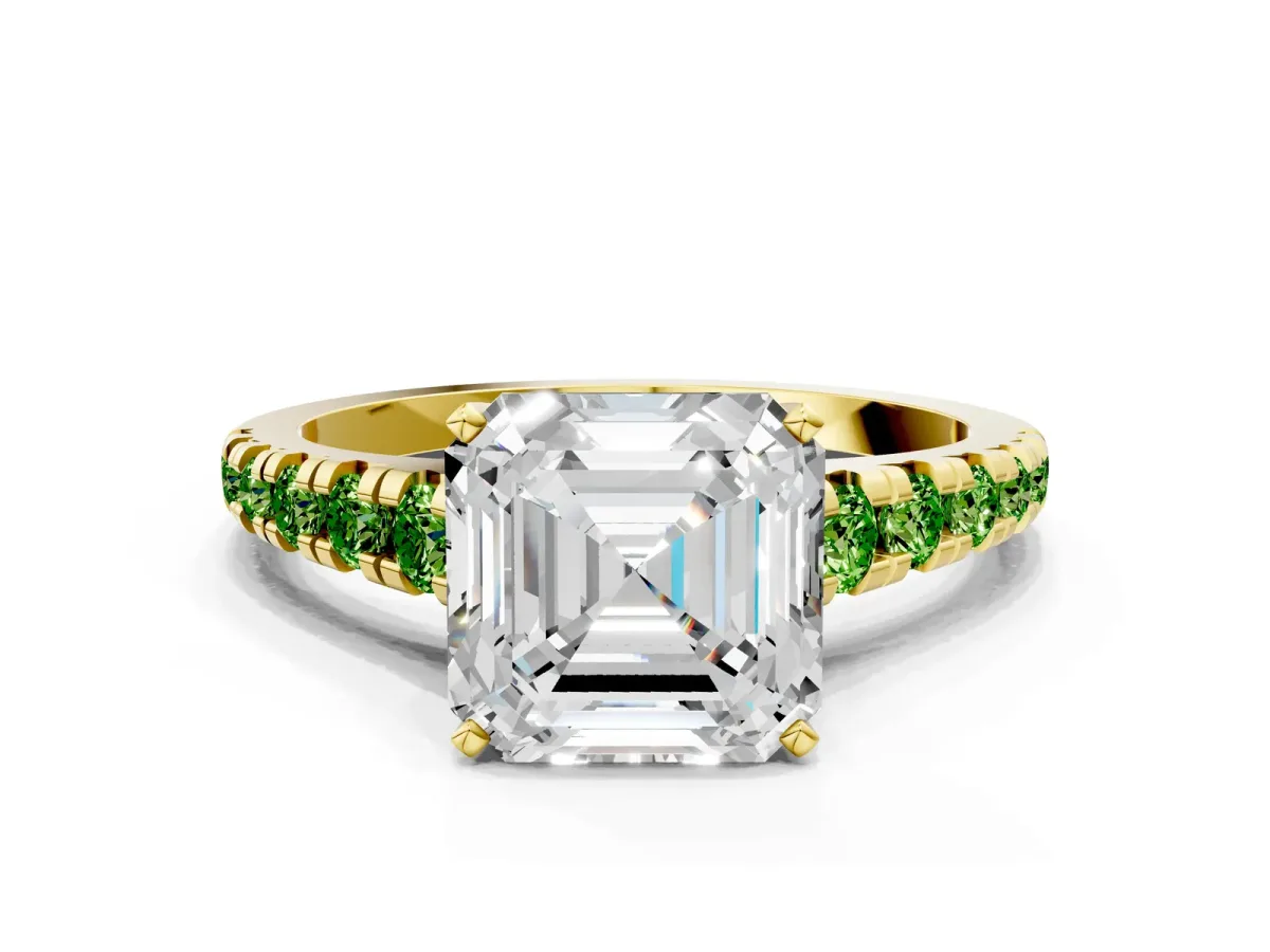 Asscher Cut Diamond Cathedral Solitaire Ring with Round Peridot Pavé Band Yellow gold