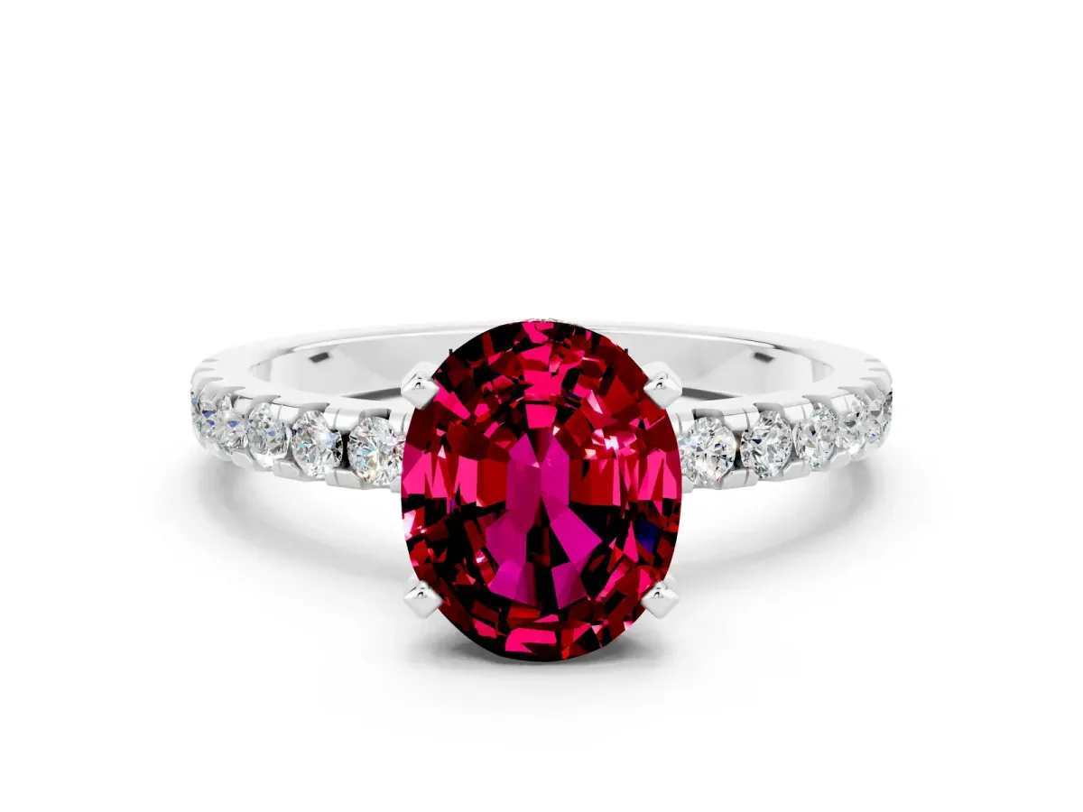 Oval Cut Garnet Solitaire Ring with Round Pavé Band and Four-Prong Setting White gold