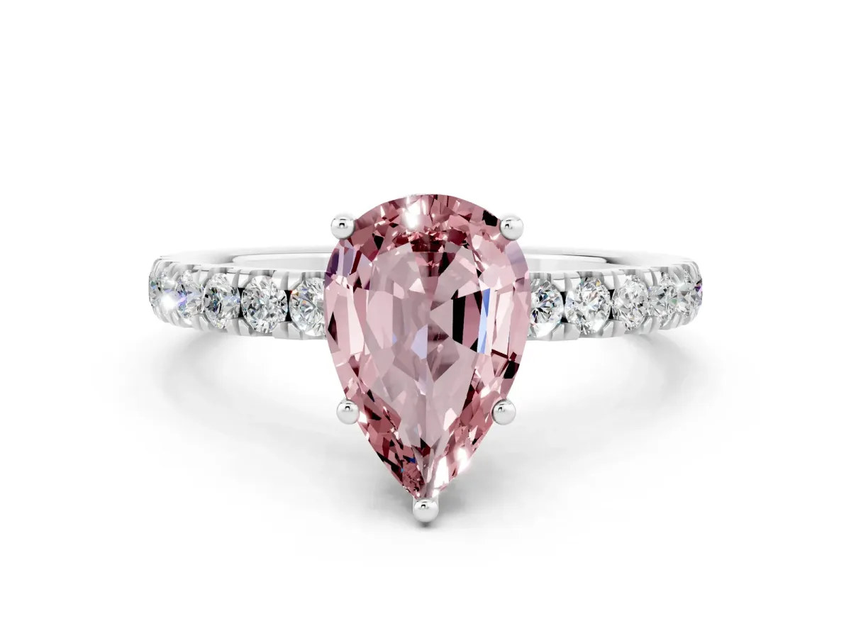 Pear Cut Morganite Pave Band Solitaire Ring with Round and Prong Setting Platinum