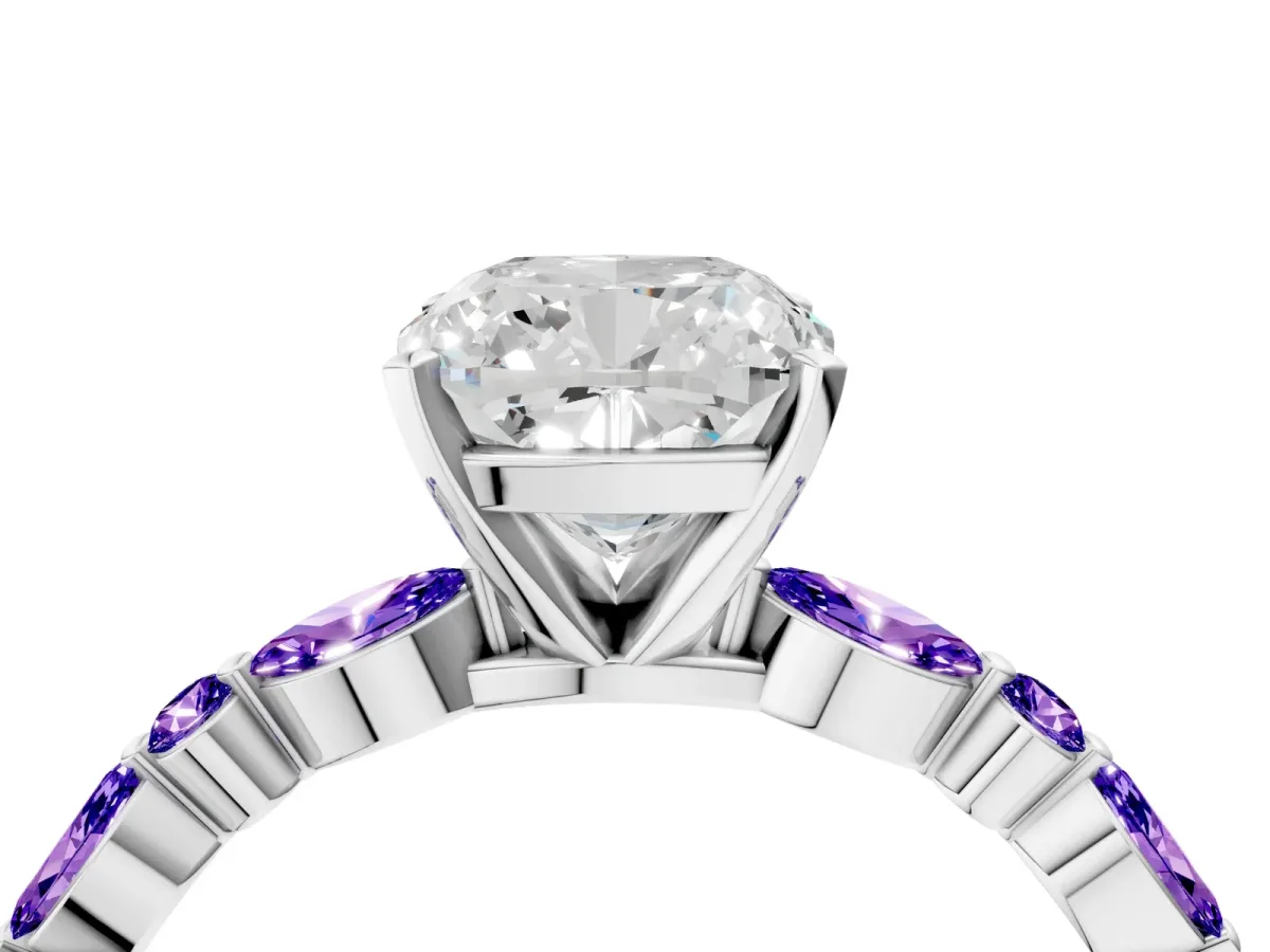 Cushion Cut Diamond Ring with Marquise and Round Tanzanite Side Stones and Four-Prong Setting Silver