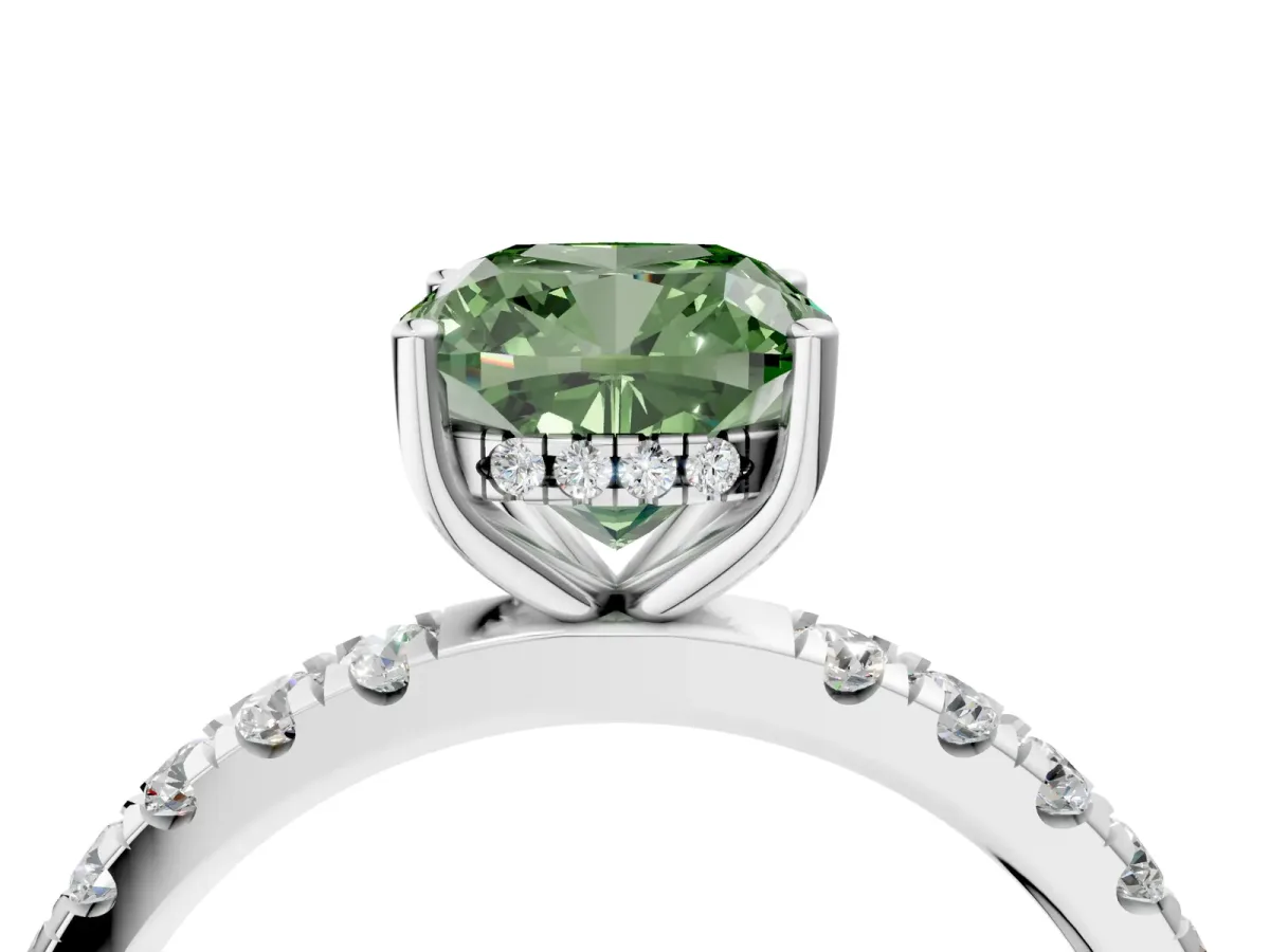 Fancy Green Cushion Cut Diamond Pave Band Solitaire Ring with Round and Prong Setting Platinum