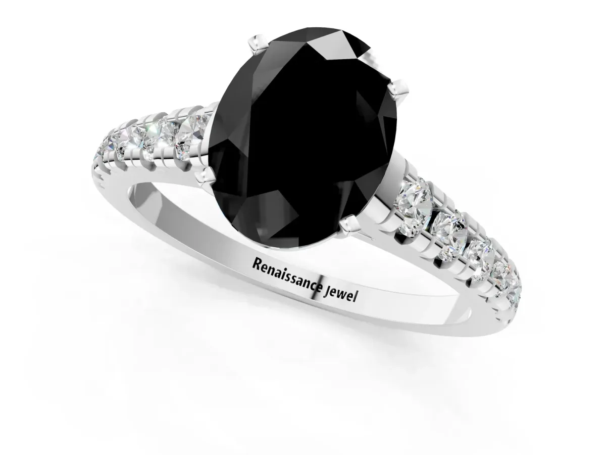 Fancy Black Oval Cut Diamond Cathedral Solitaire Ring with Round Pavé Band Platinum