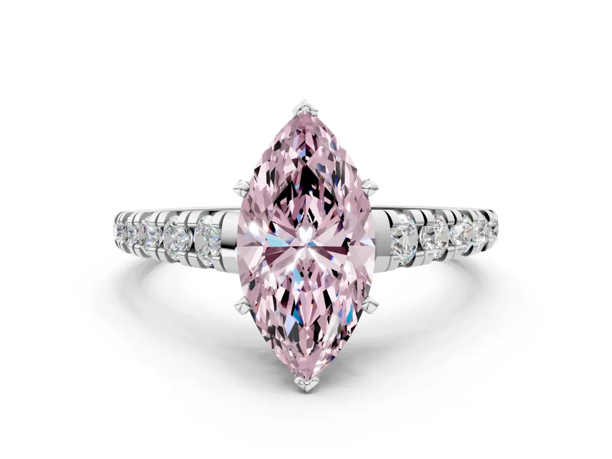 Fancy Pink Marquise Cut Diamond Cathedral Solitaire Ring with Round Pavé Band Platinum