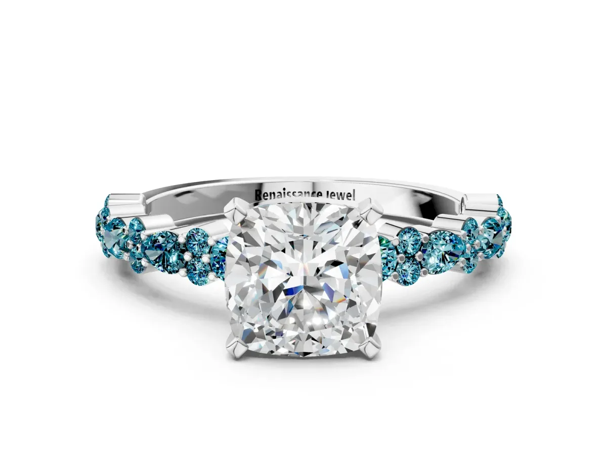 Cushion Cut Diamond Side Stone Solitaire Ring with Round Blue Topaz and Four-Prong Setting Platinum