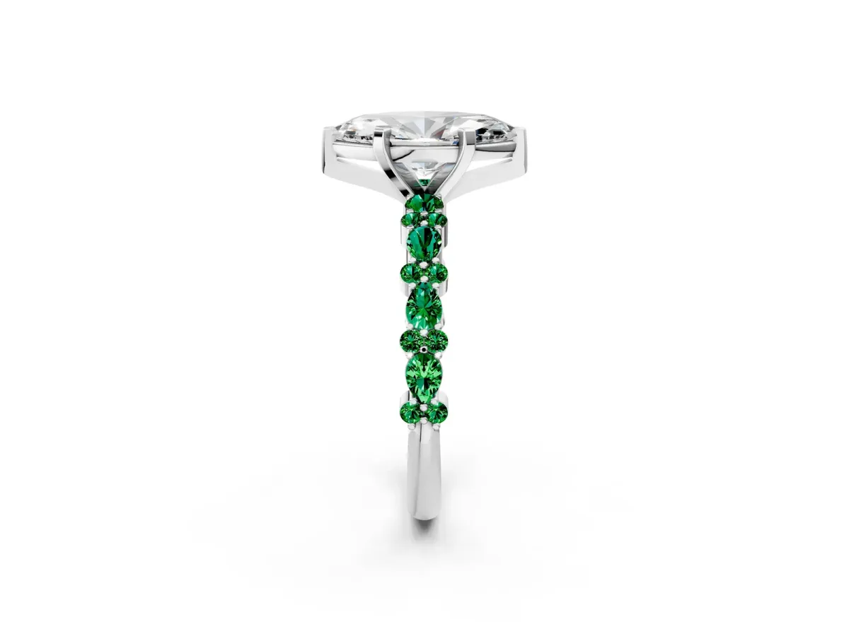 Marquise Cut Diamond Side Stone Solitaire Ring with Round Emerald and Four-Prong Setting Platinum
