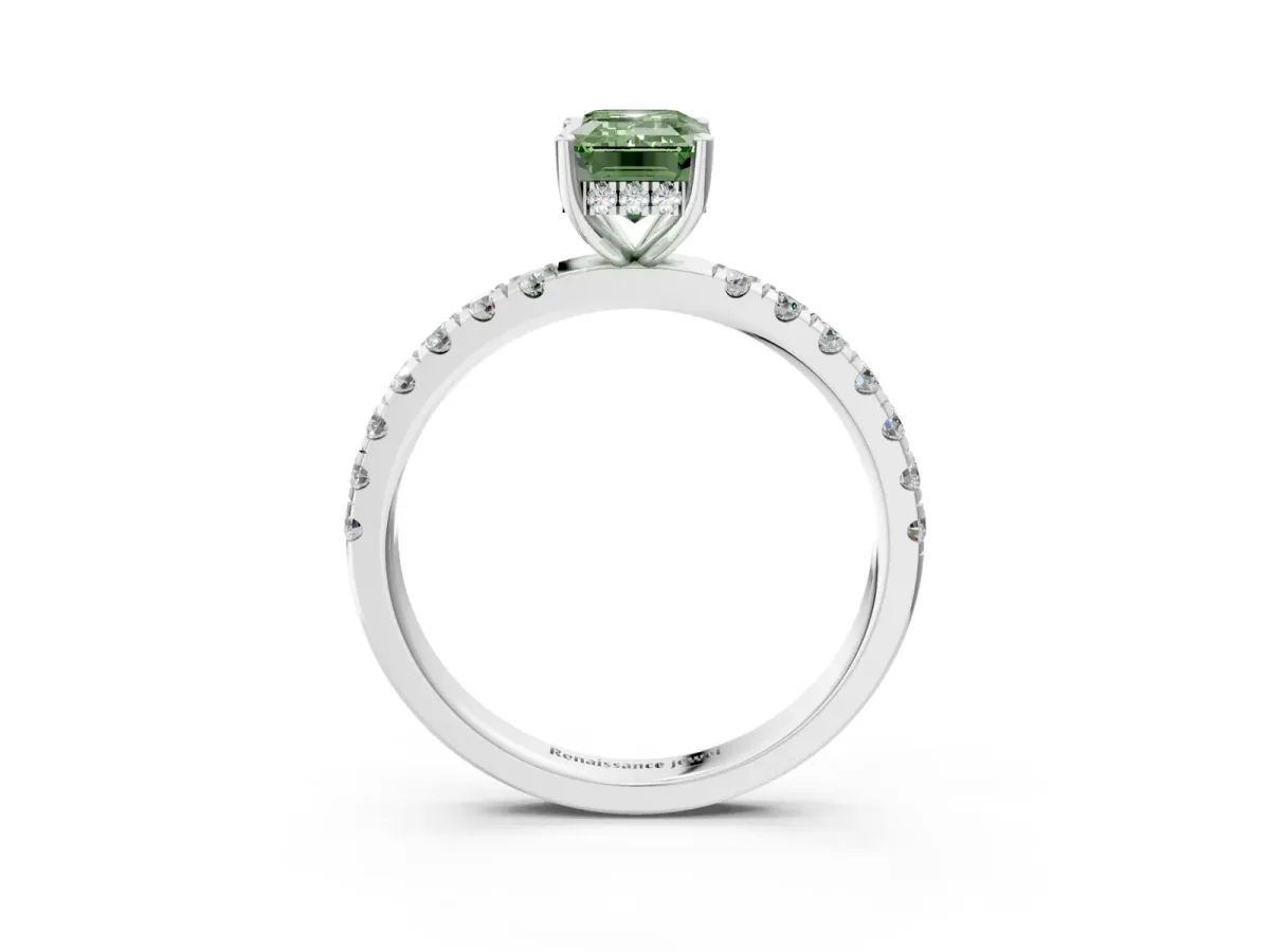 Fancy Green Emerald Cut Diamond Pave Band Solitaire Ring with Round and Prong Setting Silver