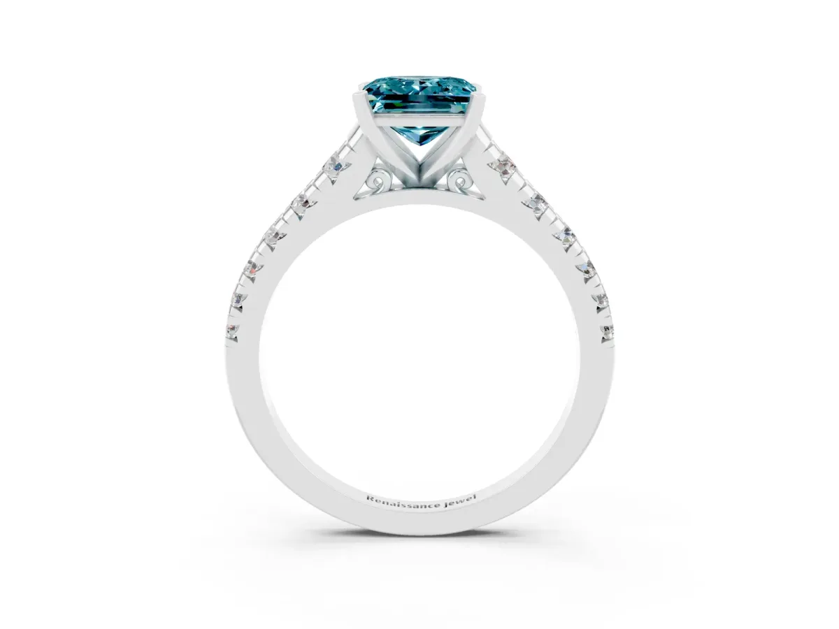 Princess Cut Blue Topaz Cathedral Solitaire Ring with Round Pavé Band Silver