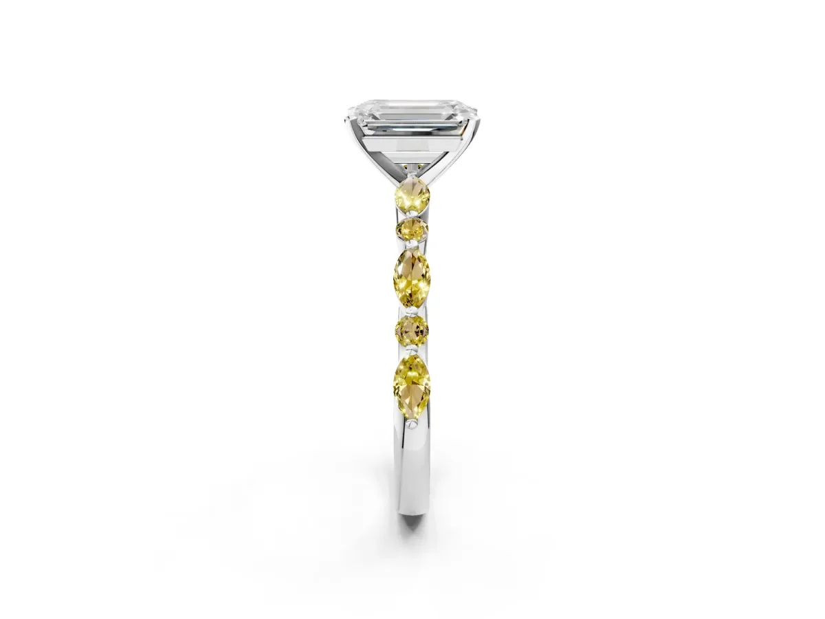 Emerald Cut Diamond Ring with Marquise and Round Yellow Sapphire Side Stones and Four-Prong Setting Silver