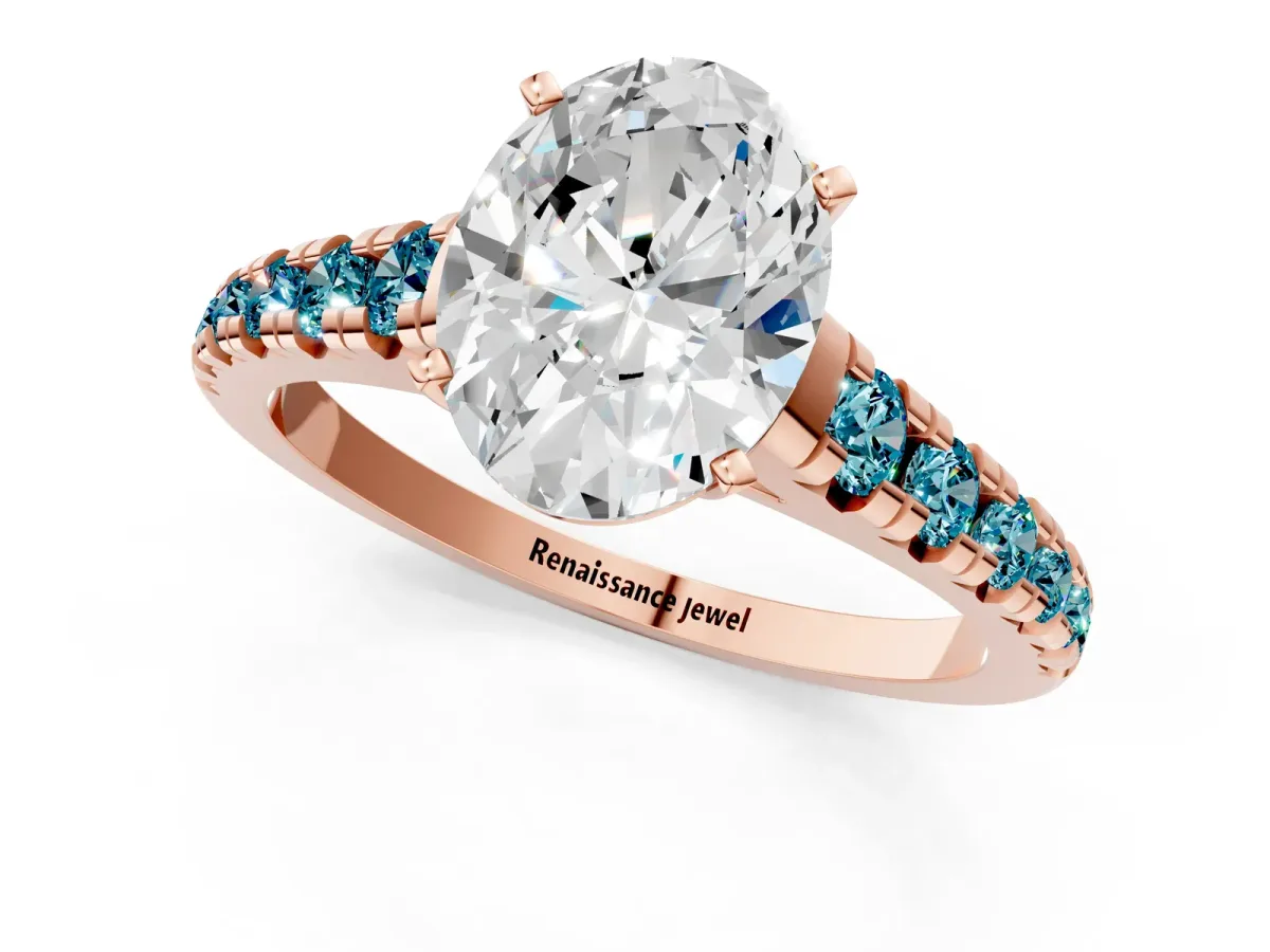 Oval Cut Diamond Cathedral Solitaire Ring with Round Blue Topaz Pavé Band Rose gold