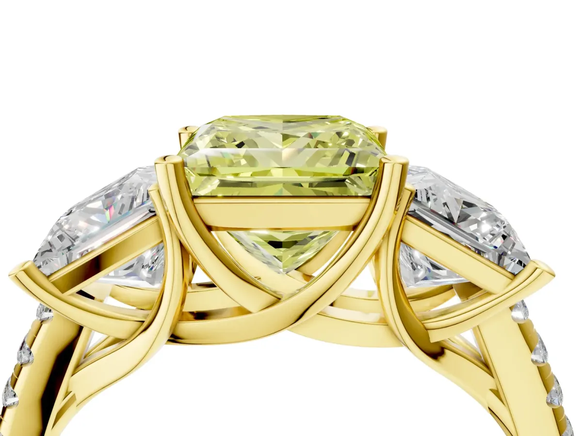 Fancy Yellow Three-Stone Princess Cut Diamond Ring with Round Pavé Band and Prong Setting Yellow gold