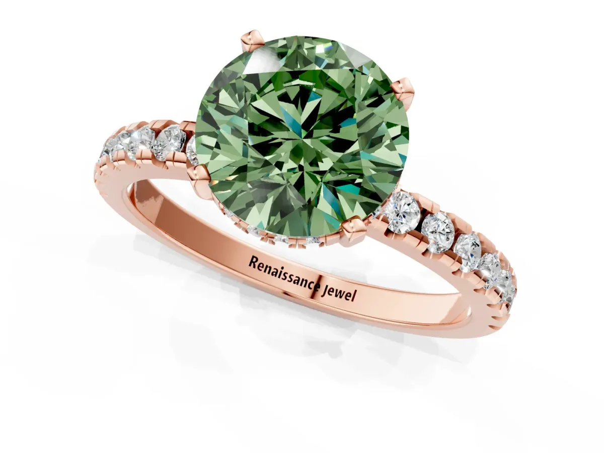 Fancy Green Round Cut Diamond Solitaire Ring with Round Pavé Band and Four-Prong Setting Rose gold