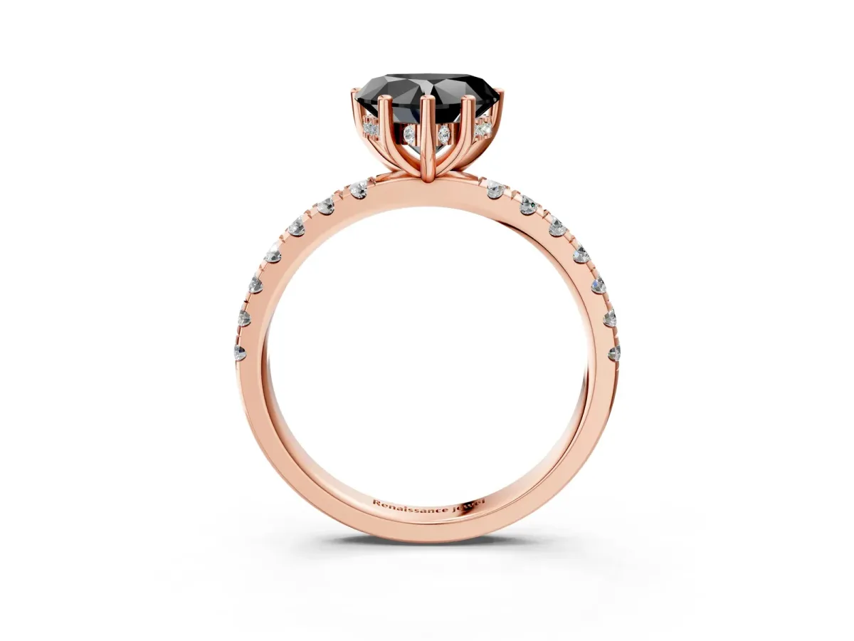 Fancy Black Heart Cut Diamond Pave Band Solitaire Ring with Round and Prong Setting Rose gold