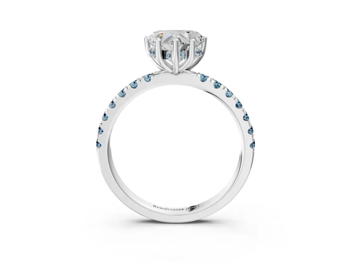 Heart Cut Diamond Pave Band Solitaire Ring with Round Aquamarine and Prong Setting Silver