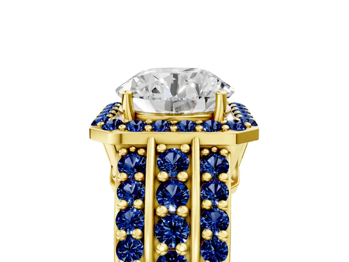 Round Cut Halo Diamond Ring with Round Blue Sapphire Split Shank and Prong Setting Yellow gold