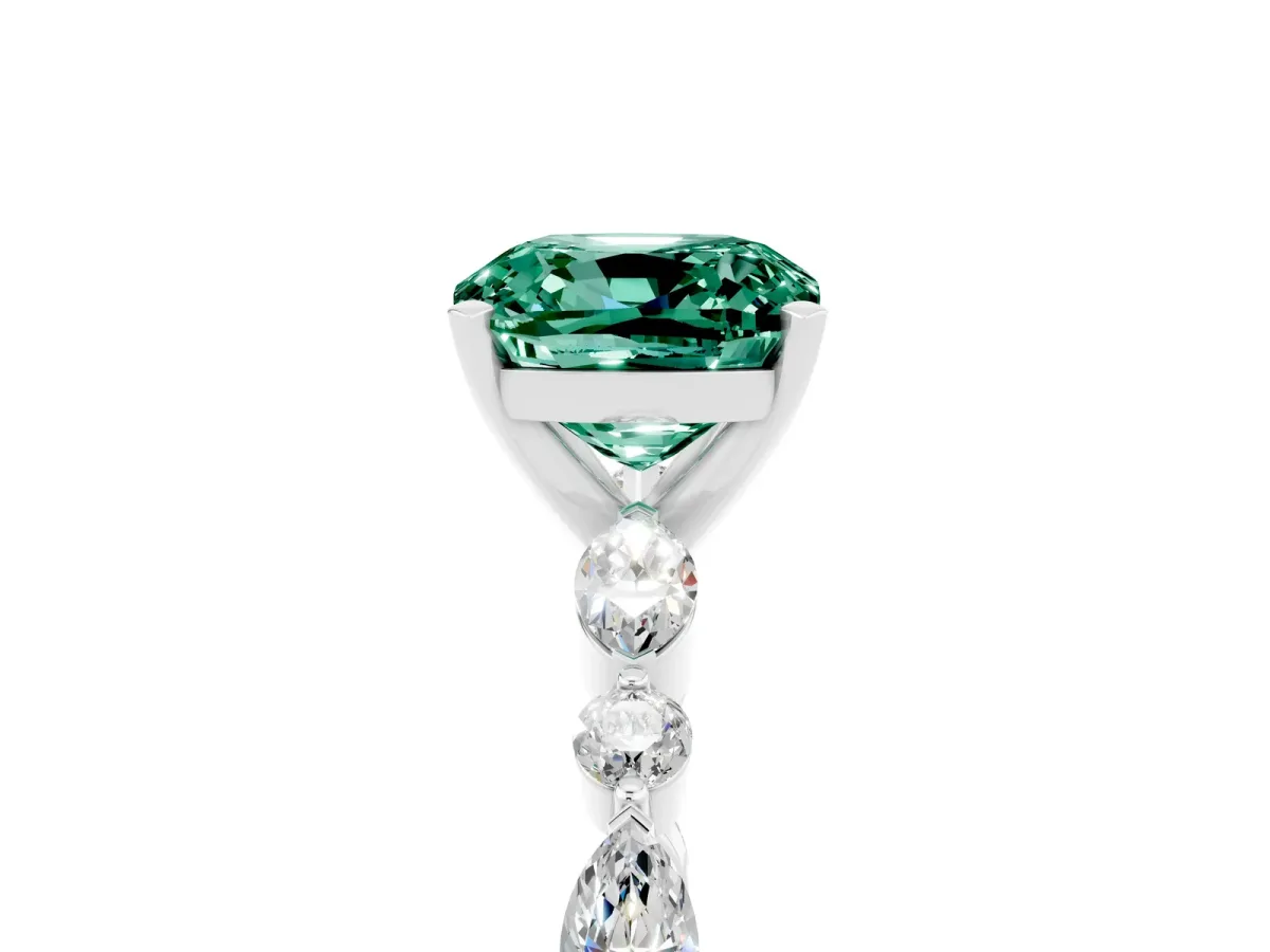 Cushion Cut Green Sapphire Ring with Marquise and Round Side Stones and Four-Prong Setting Silver