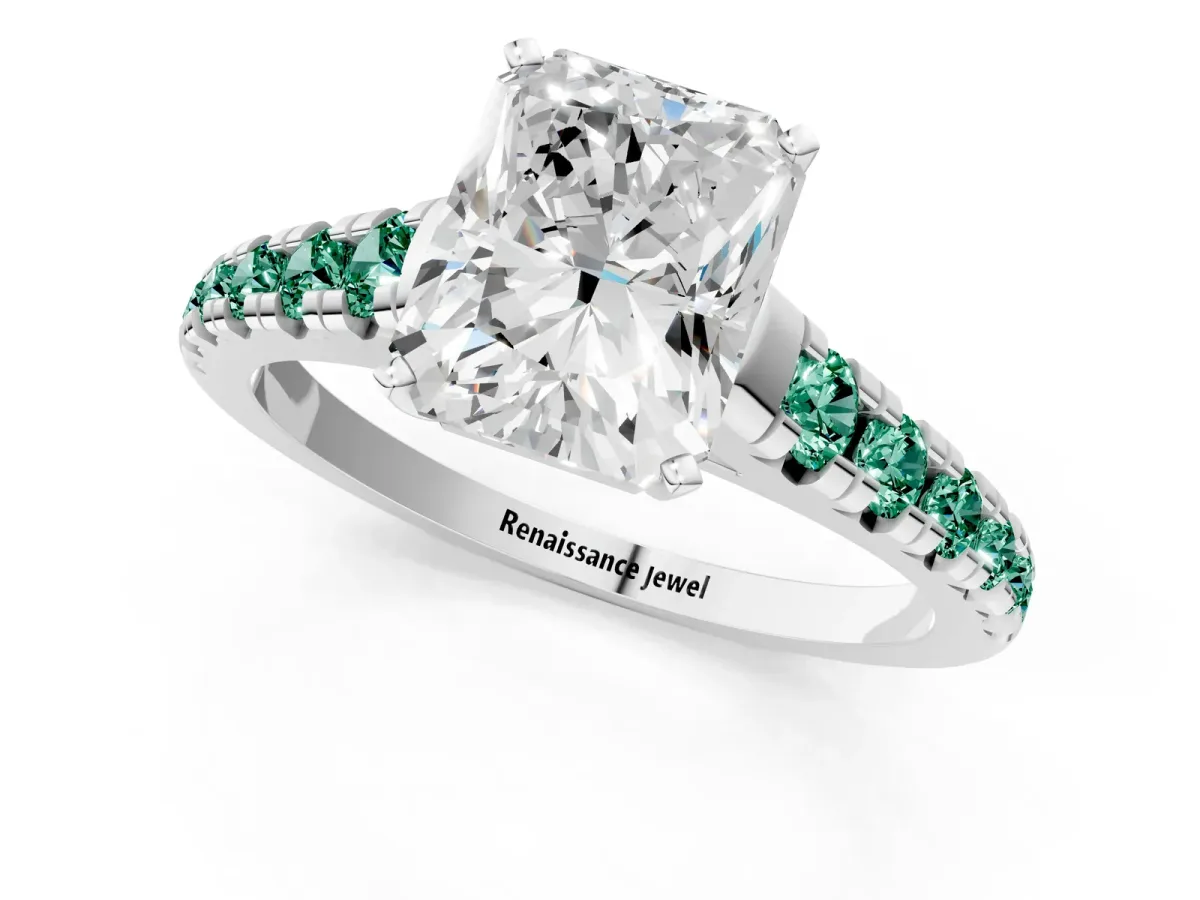 Radiant Cut Diamond Cathedral Solitaire Ring with Round Green Sapphire Pavé Band Silver