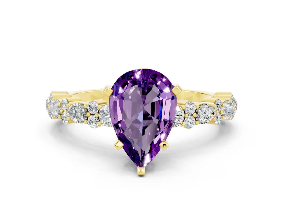 Pear Cut Amethyst Side Stone Solitaire Ring with Round and Four-Prong Setting Yellow gold