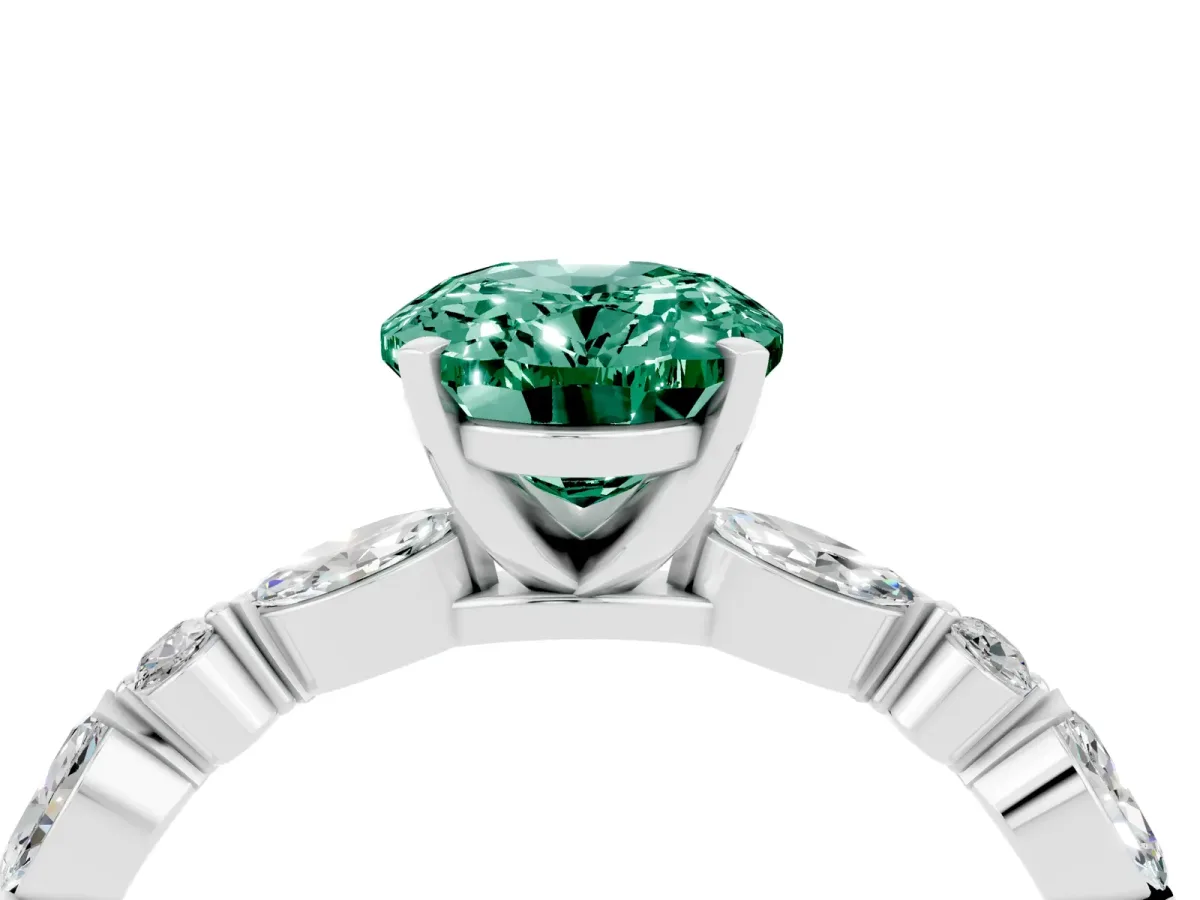 Oval Cut Green Sapphire Ring with Marquise and Round Side Stones and Four-Prong Setting Silver
