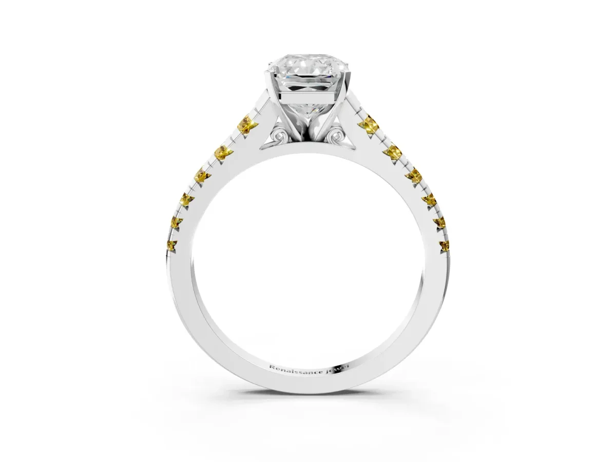 Radiant Cut Diamond Cathedral Solitaire Ring with Round Yellow Sapphire Pavé Band Silver