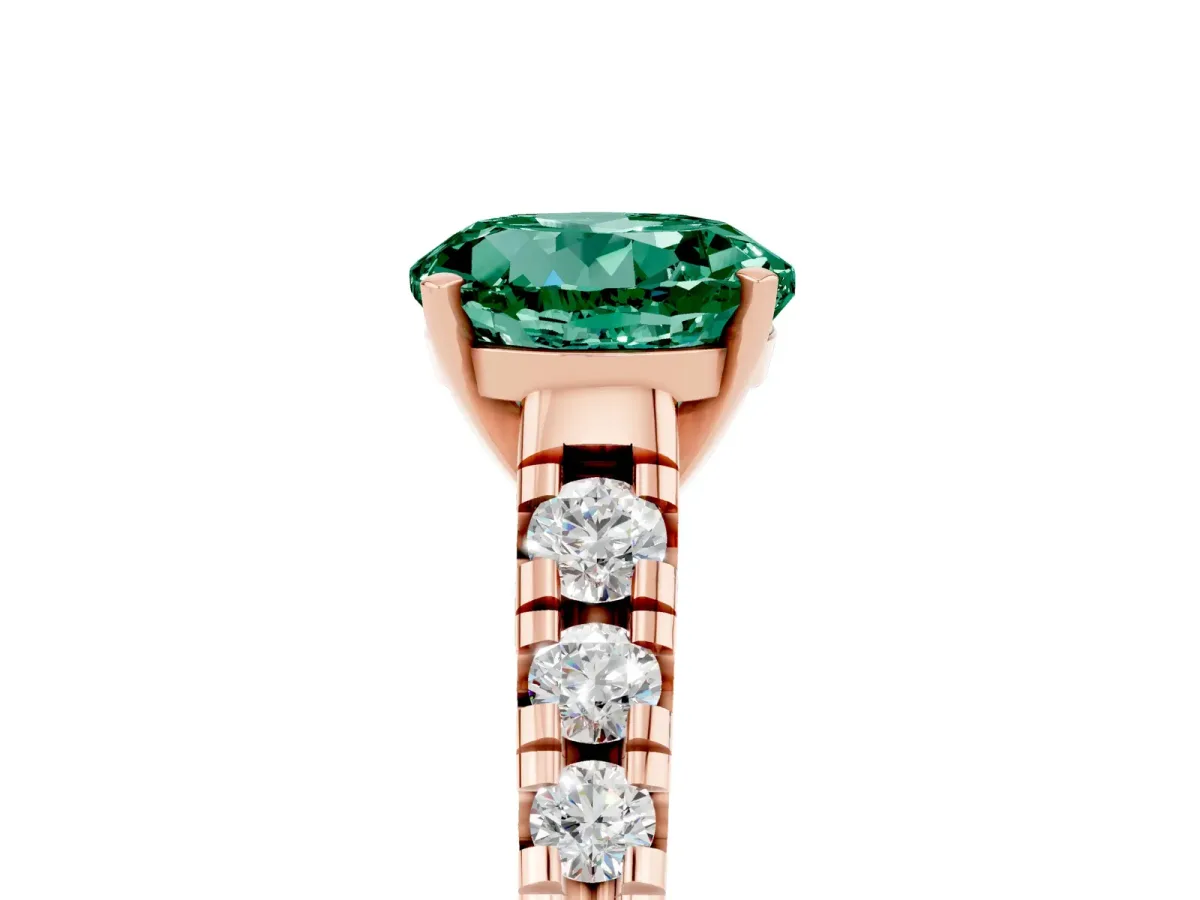 Round Cut Green Sapphire Cathedral Solitaire Ring with Round Pavé Band Rose gold