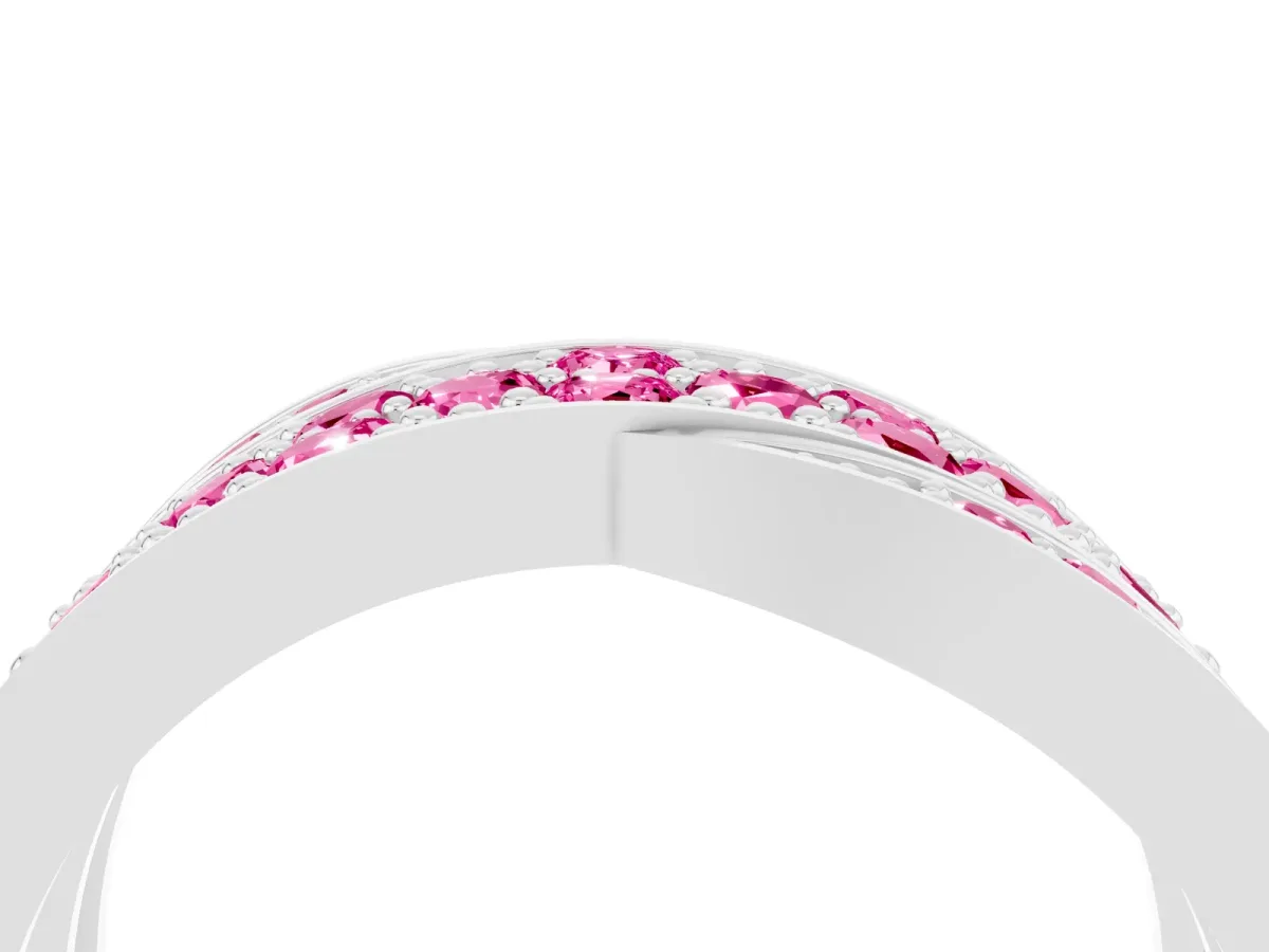 Pavé Round Pink Sapphire Crossover Band with Bead Prong Setting Platinum