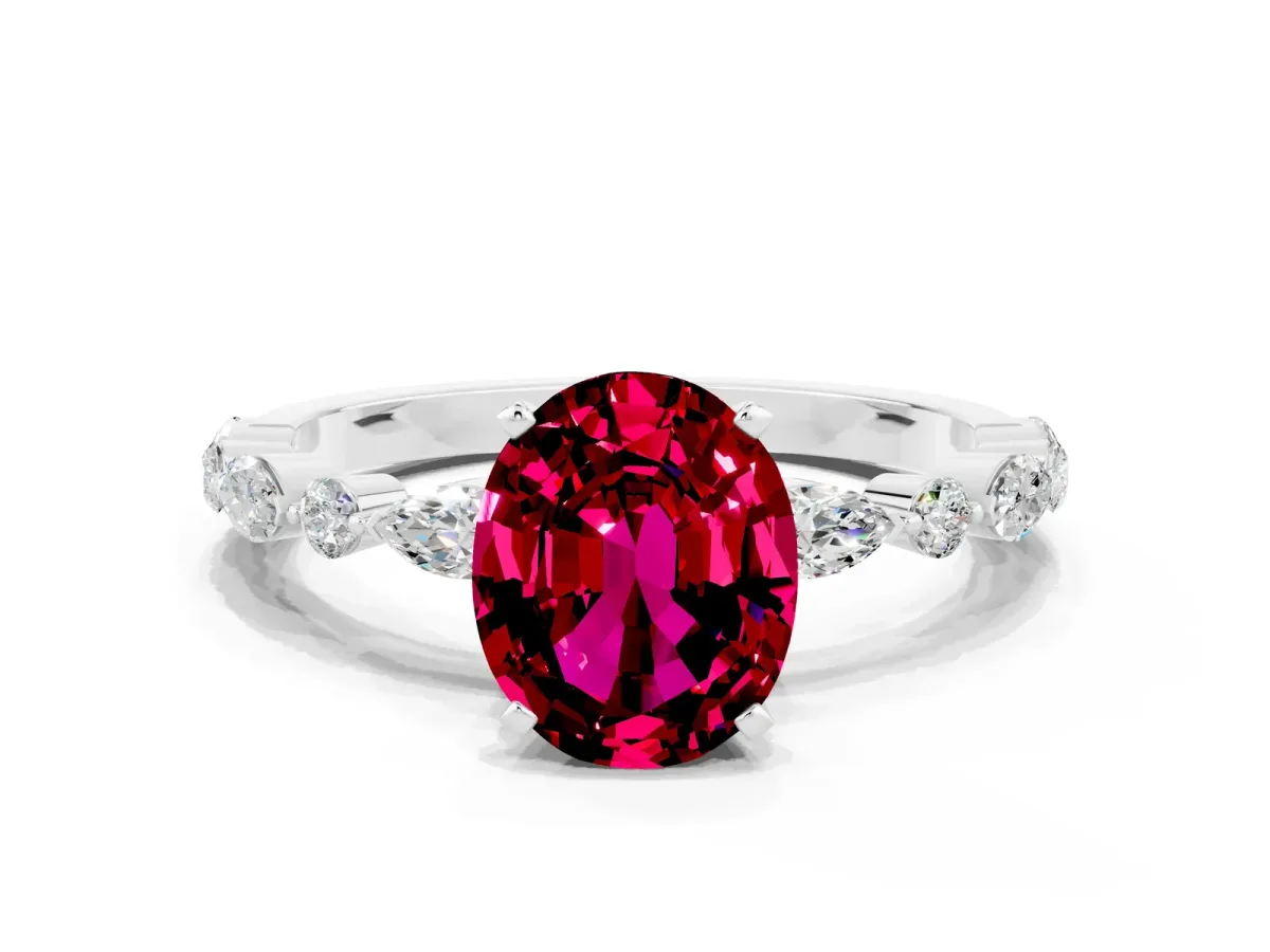 Oval Cut Garnet Ring with Marquise and Round Side Stones and Four-Prong Setting Silver