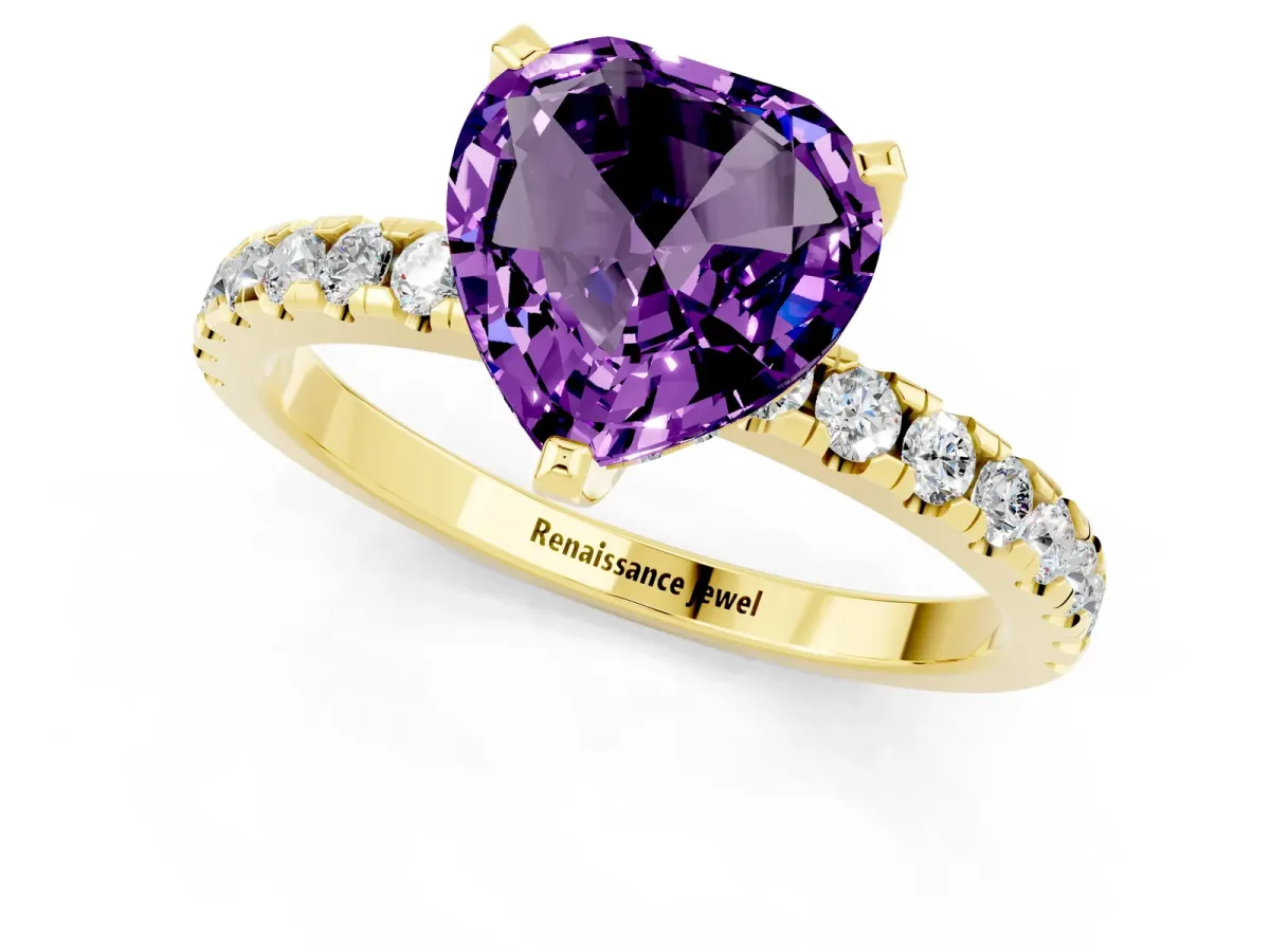 Heart Cut Amethyst Solitaire Ring with Round Pavé Band and Four-Prong Setting Yellow gold