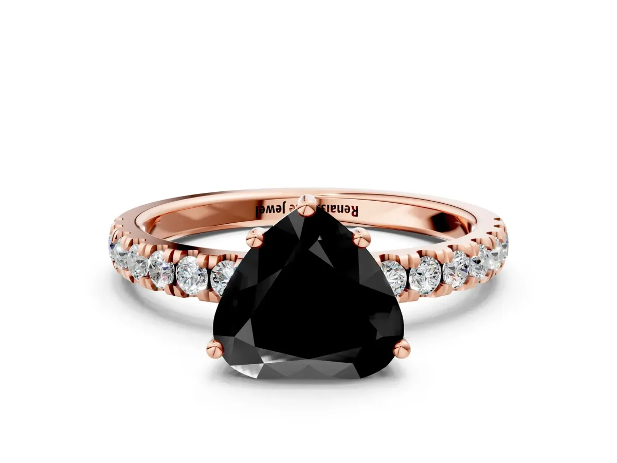 Fancy Black Heart Cut Diamond Pave Band Solitaire Ring with Round and Prong Setting Rose gold